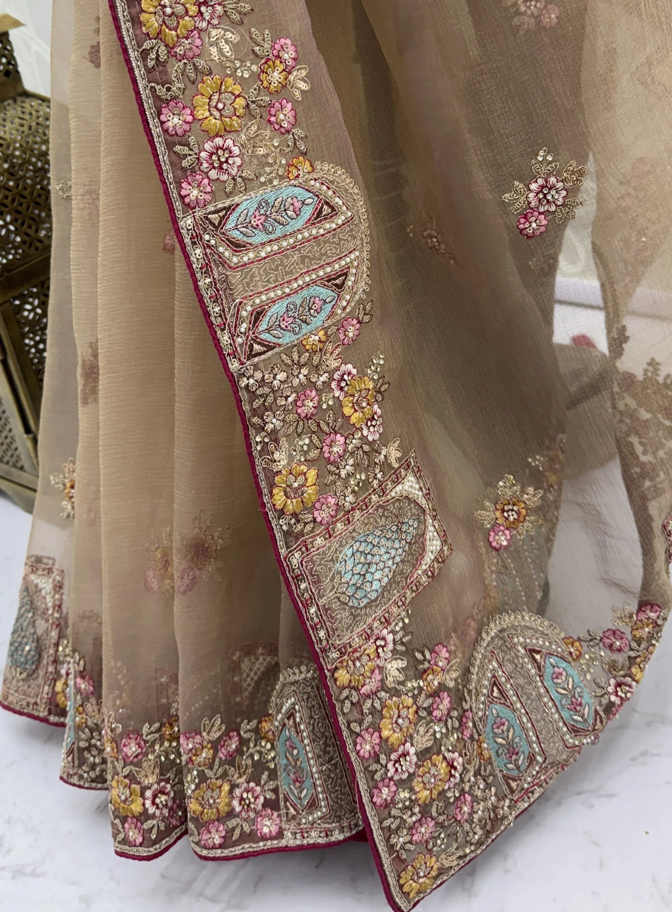 Lovable Beige Embroidered Organza Wedding Wear Saree With Blouse