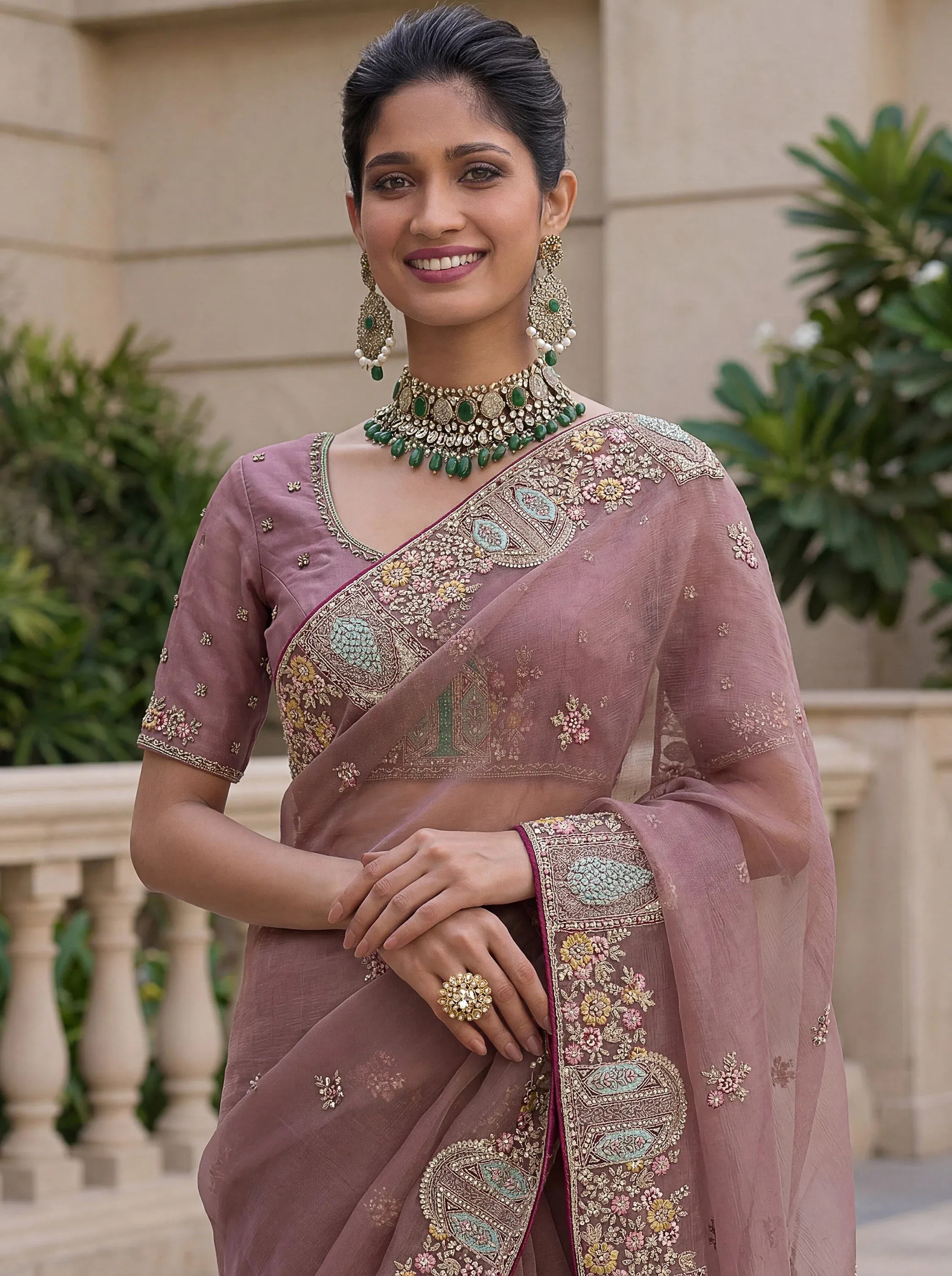 Sparkling Mauve Floral Embroidery Organza Traditional Saree With Blouse