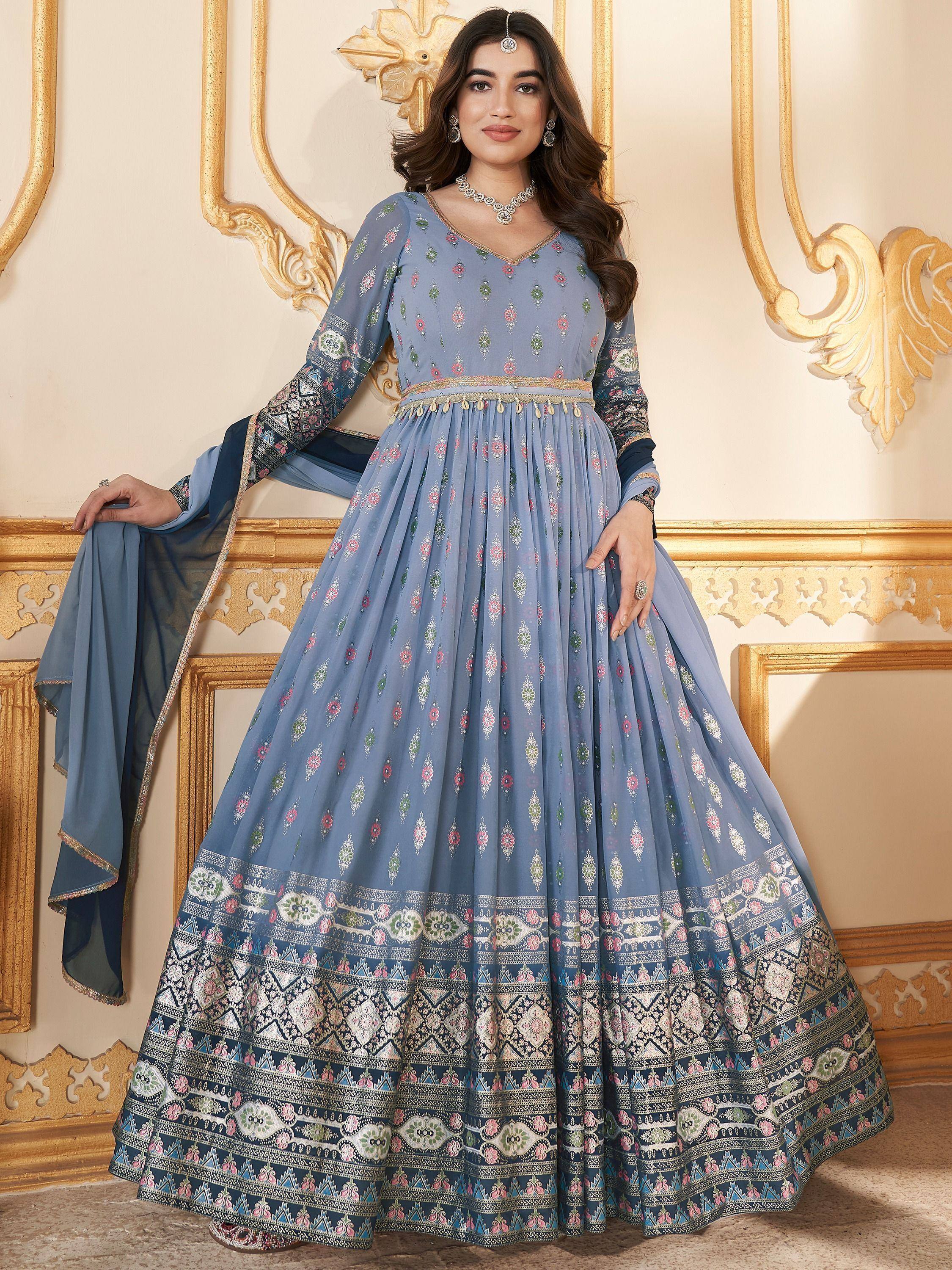 Blue floral printed anarkali gown with intricate embroidery, perfect for Indian ethnic wear occasions.