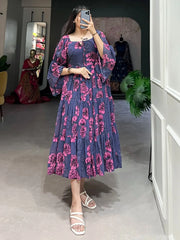 Marvelous Steel Blue Floral Printed Georgette Party Wear Dresses