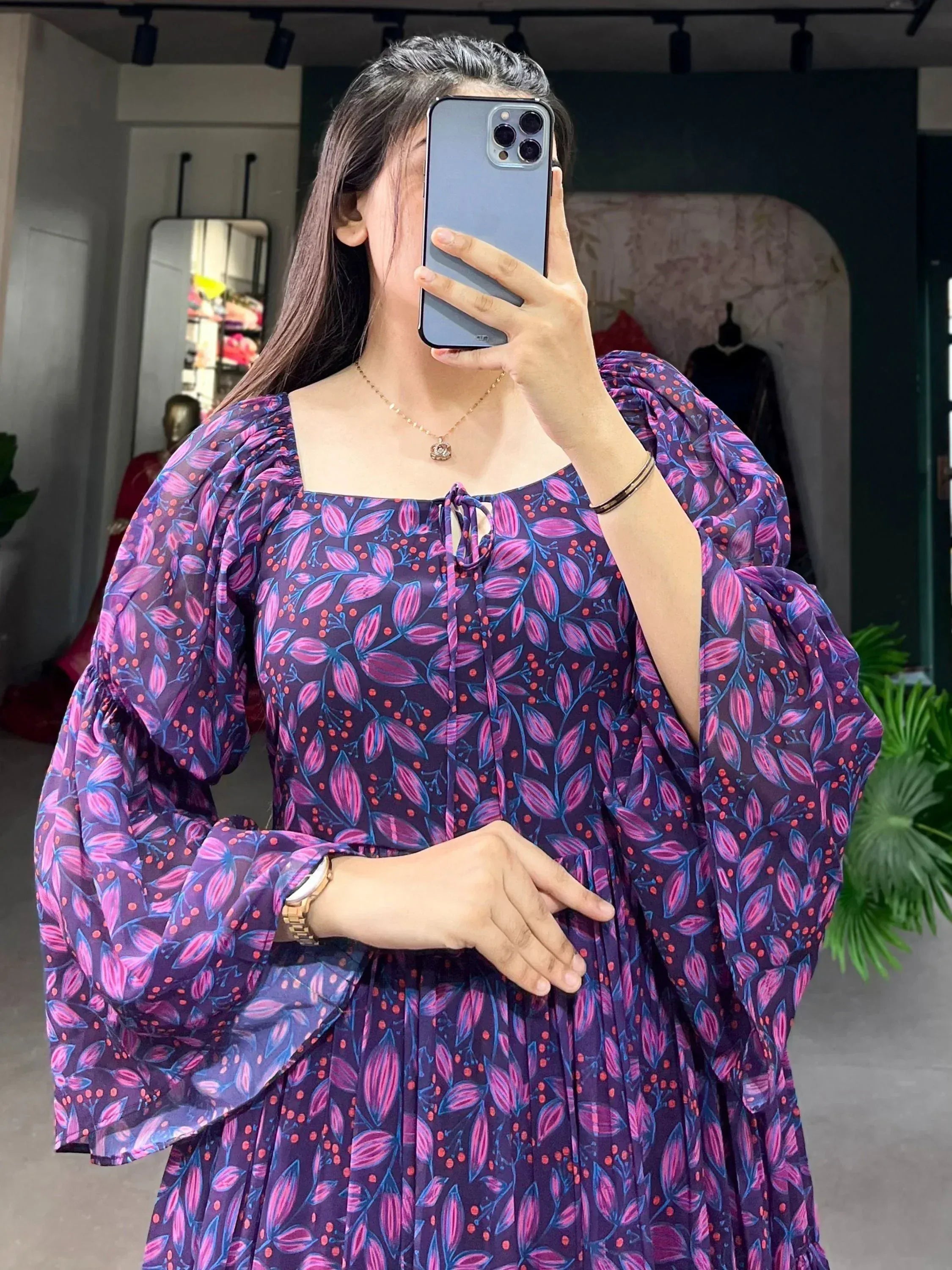 Purple floral ethnic gown with puff sleeves and square neck, perfect for Indian occasions
