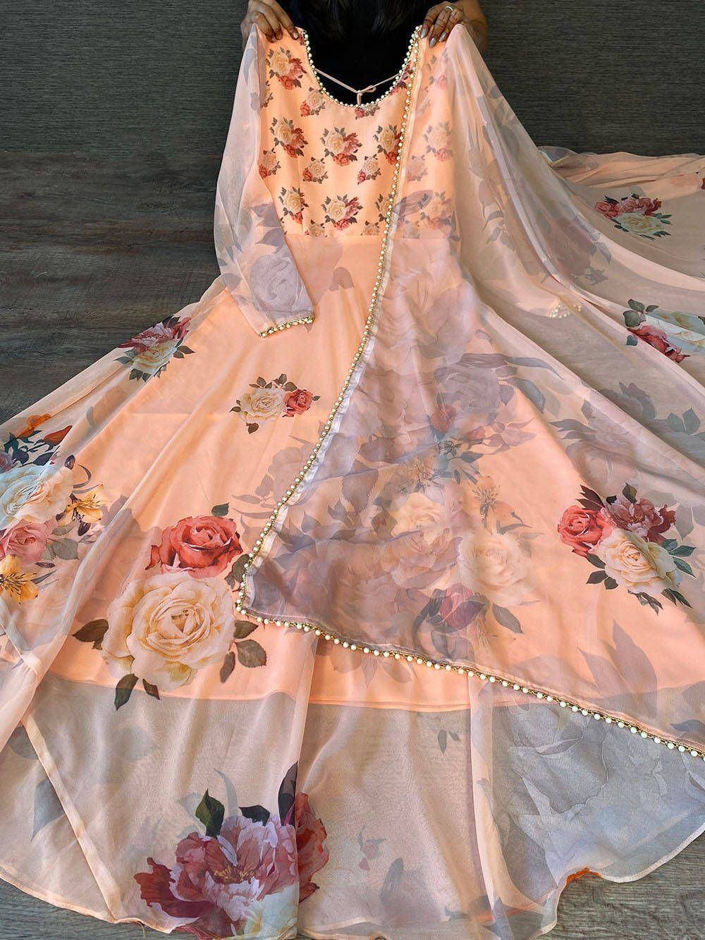 Floral print peach anarkali suit with pearl trim, ethnic Indian wear for women