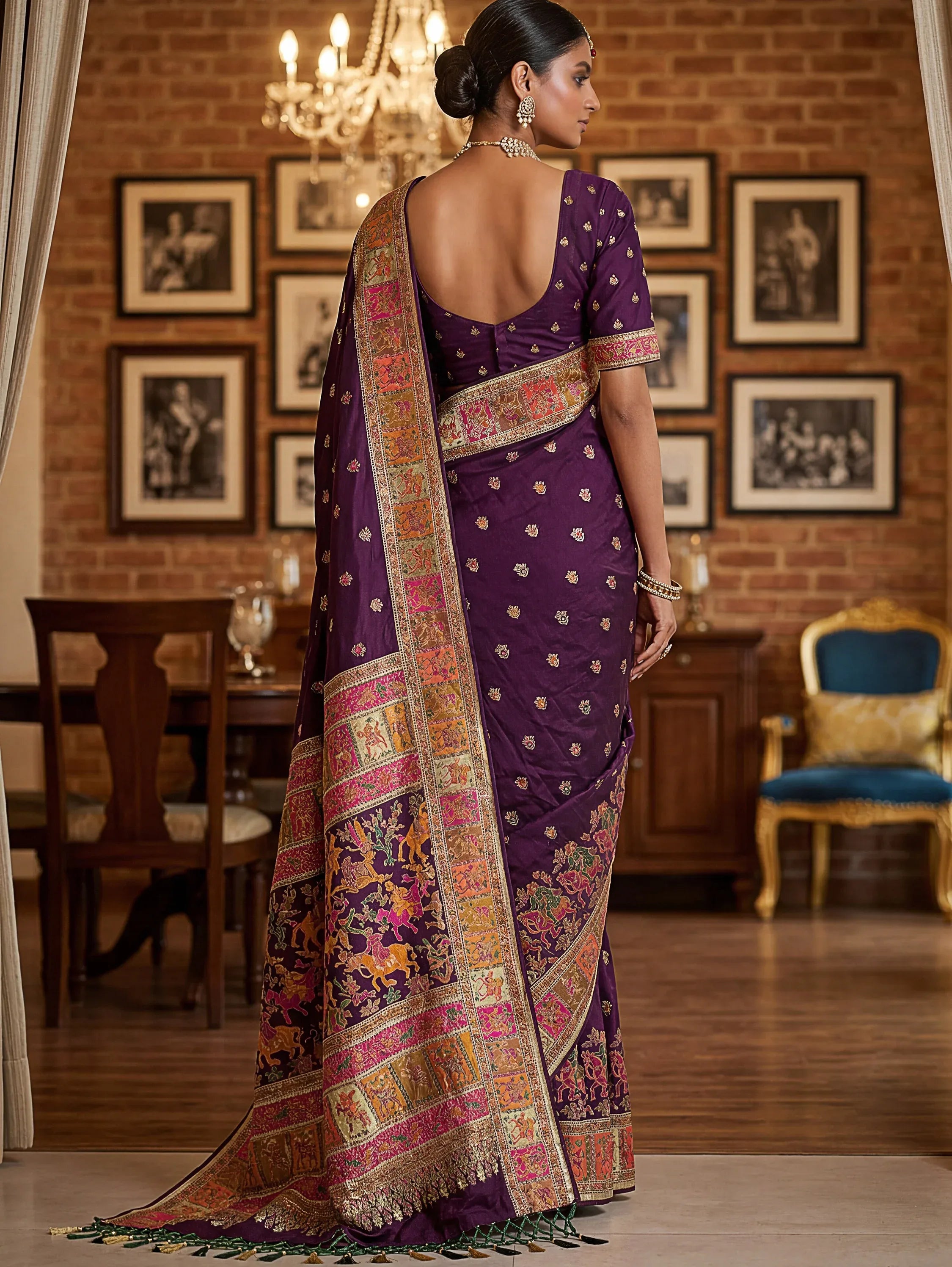 Superb Purple Zari Work Pashmina Wedding Wear Saree With Blouse