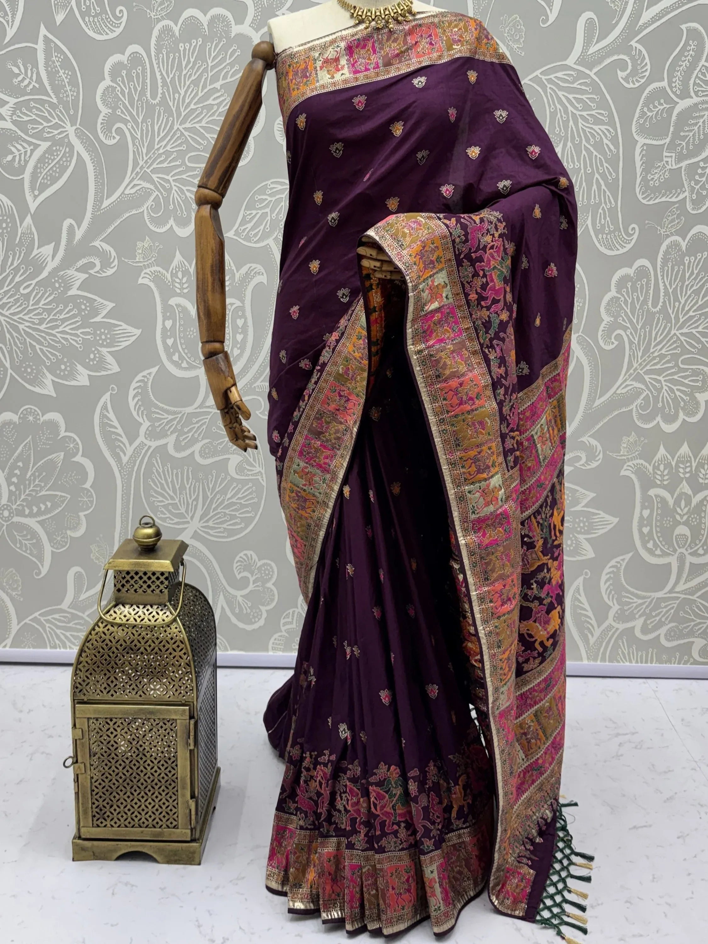 Superb Purple Zari Work Pashmina Wedding Wear Saree With Blouse