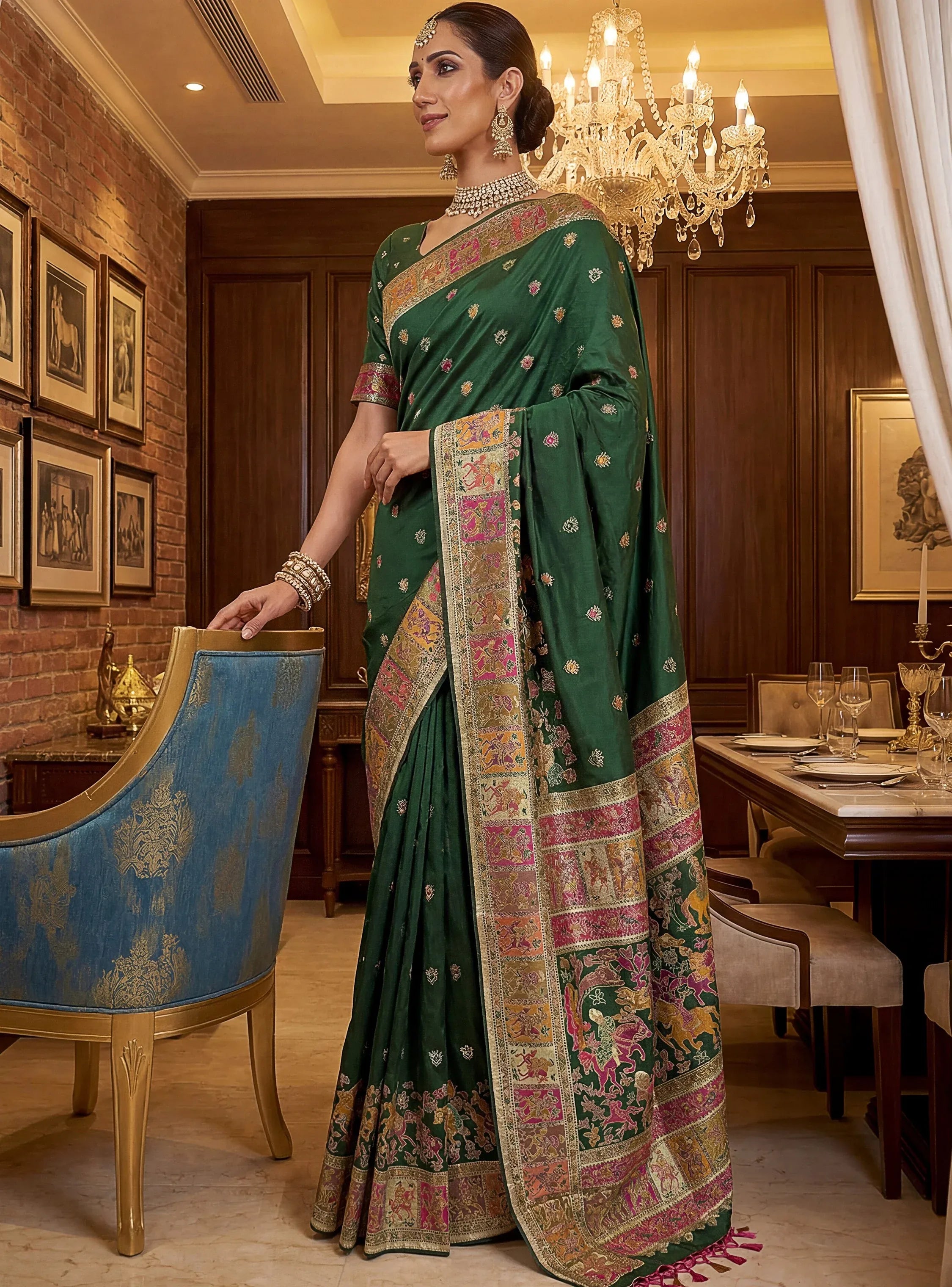 Astonishing Bottle Green Zari Work Pashmina Mehendi Wear Saree With Blouse