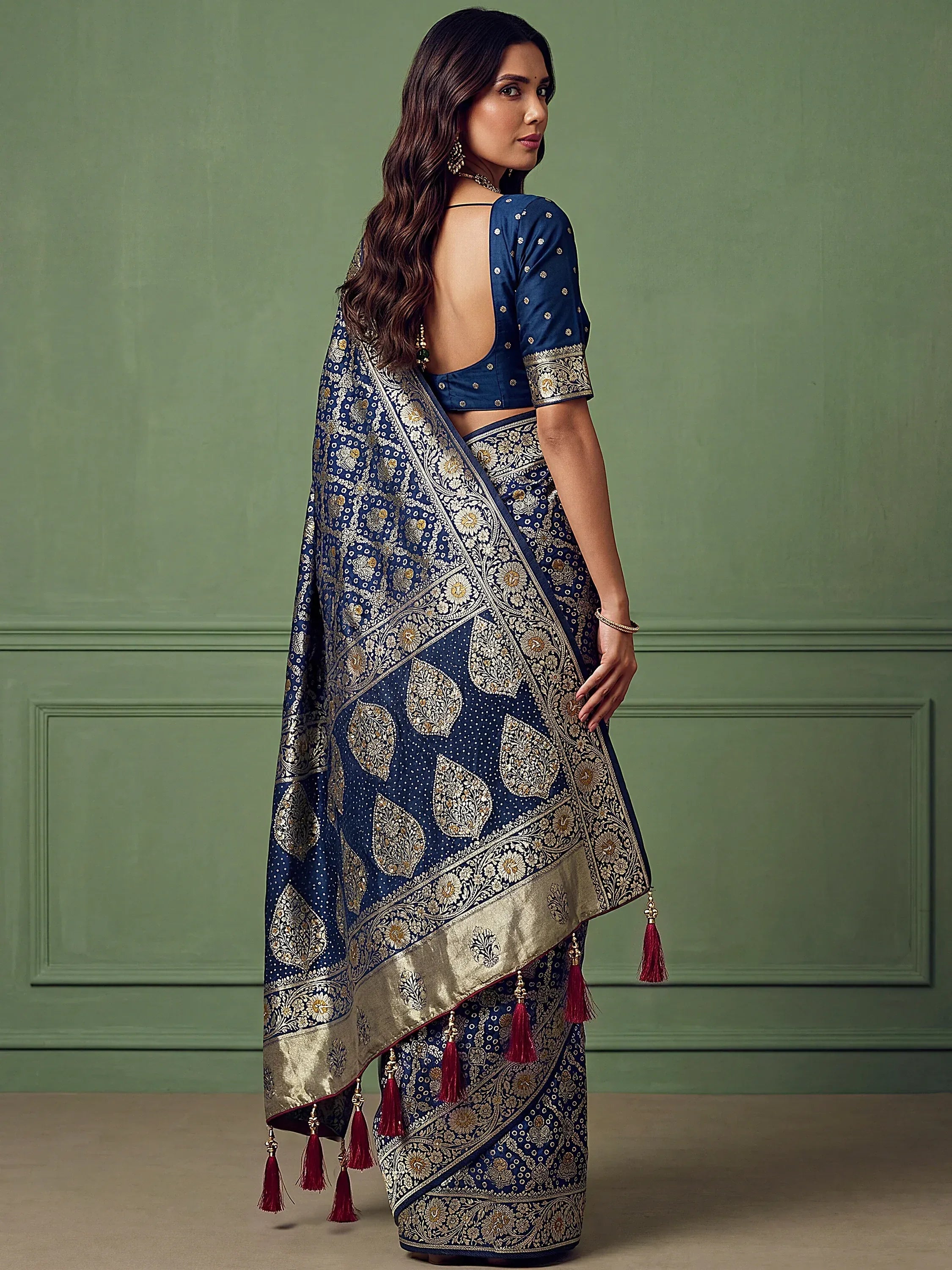Classic Navy Blue Banarasi Work Silk Engagement Wear Saree With Blouse