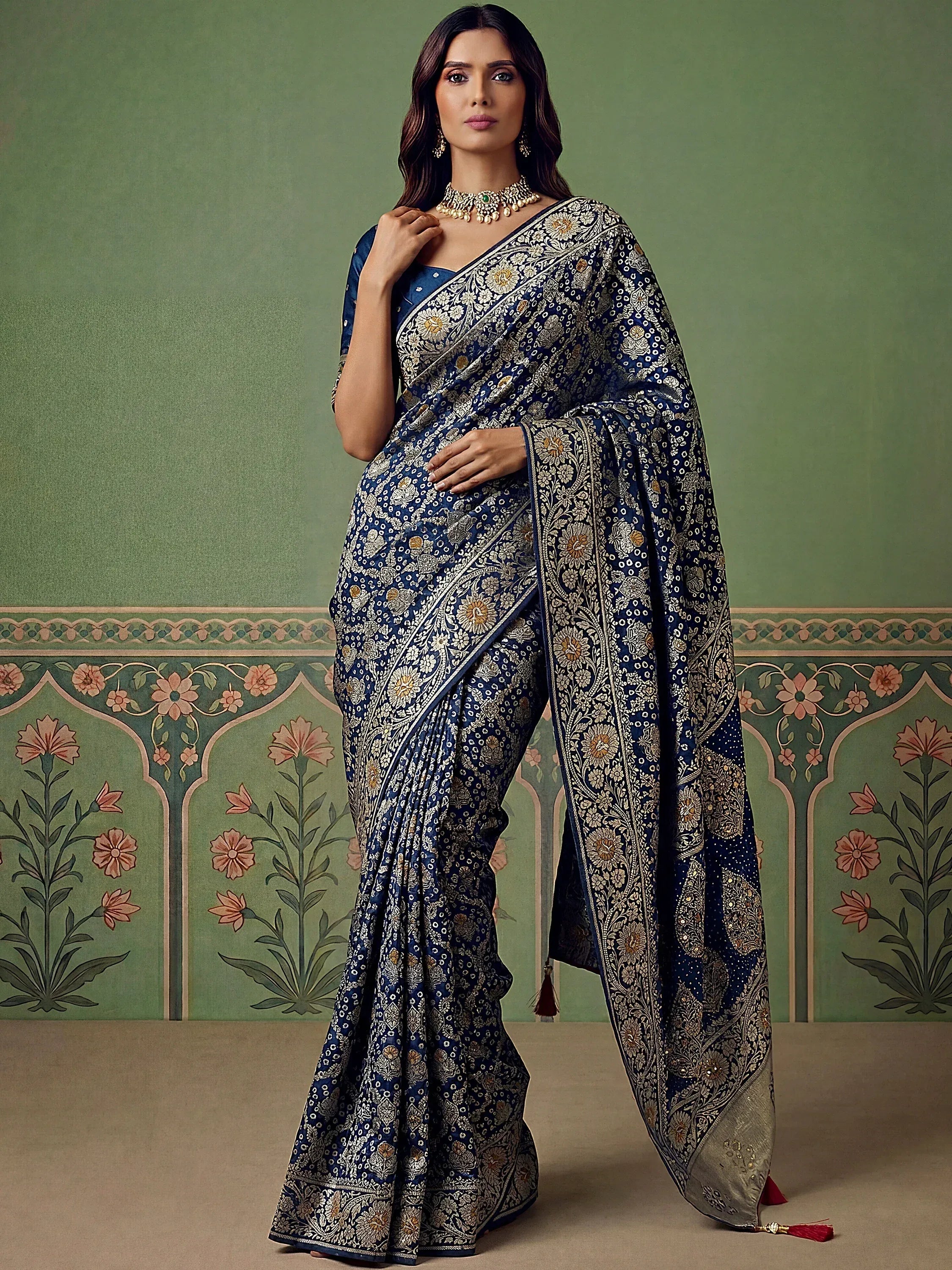 Classic Navy Blue Banarasi Work Silk Engagement Wear Saree With Blouse