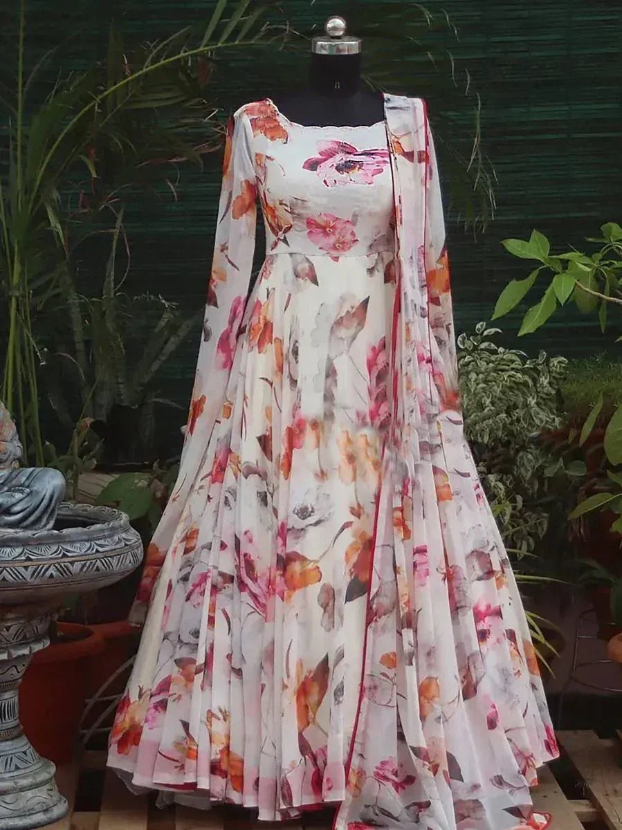 Floral print ethnic gown with long sleeves and pleated skirt, perfect for Indian occasions