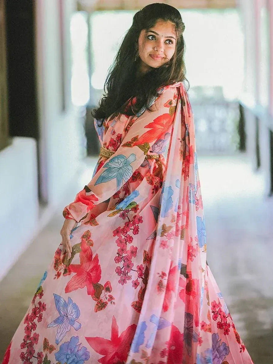 Floral print ethnic gown with pink and blue hues, perfect for Indian occasions