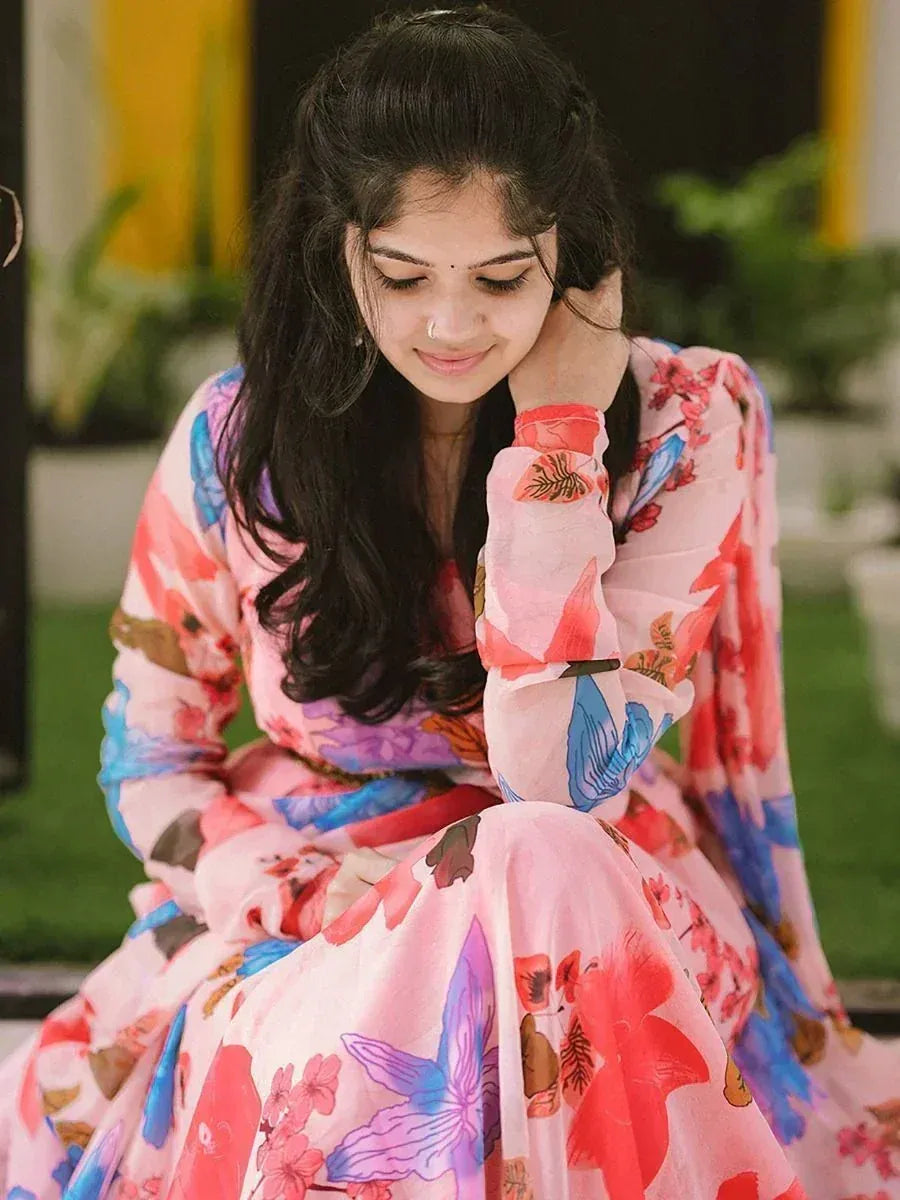 Woman in floral print ethnic gown, perfect for Indian occasions and festive wear