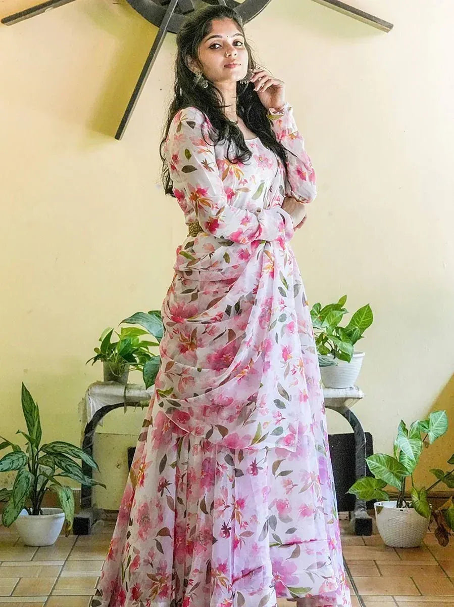 Floral print ethnic gown with ruffled layers, perfect for Indian occasions and festive wear