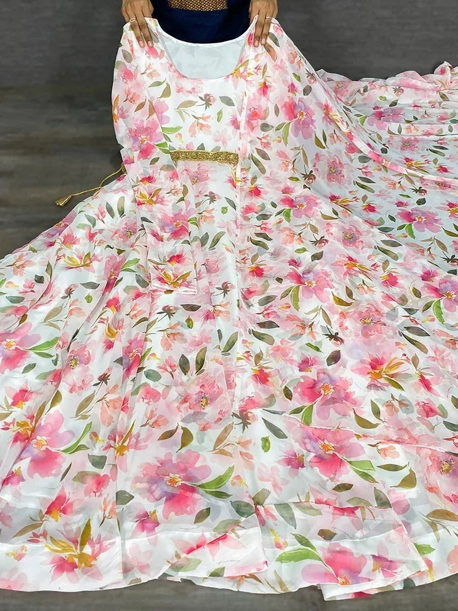 Pink floral print ethnic gown with gold waistband, ideal for Indian occasions and parties