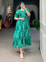 Incredible Green Floral Printed Georgette Festival Wear Dresses