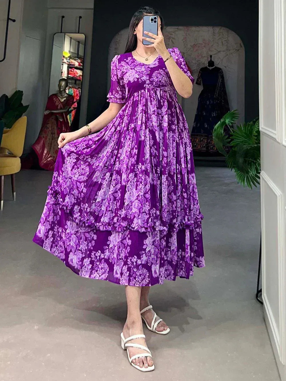 Purple floral ethnic gown with tiered skirt, perfect for Indian occasions and festive wear