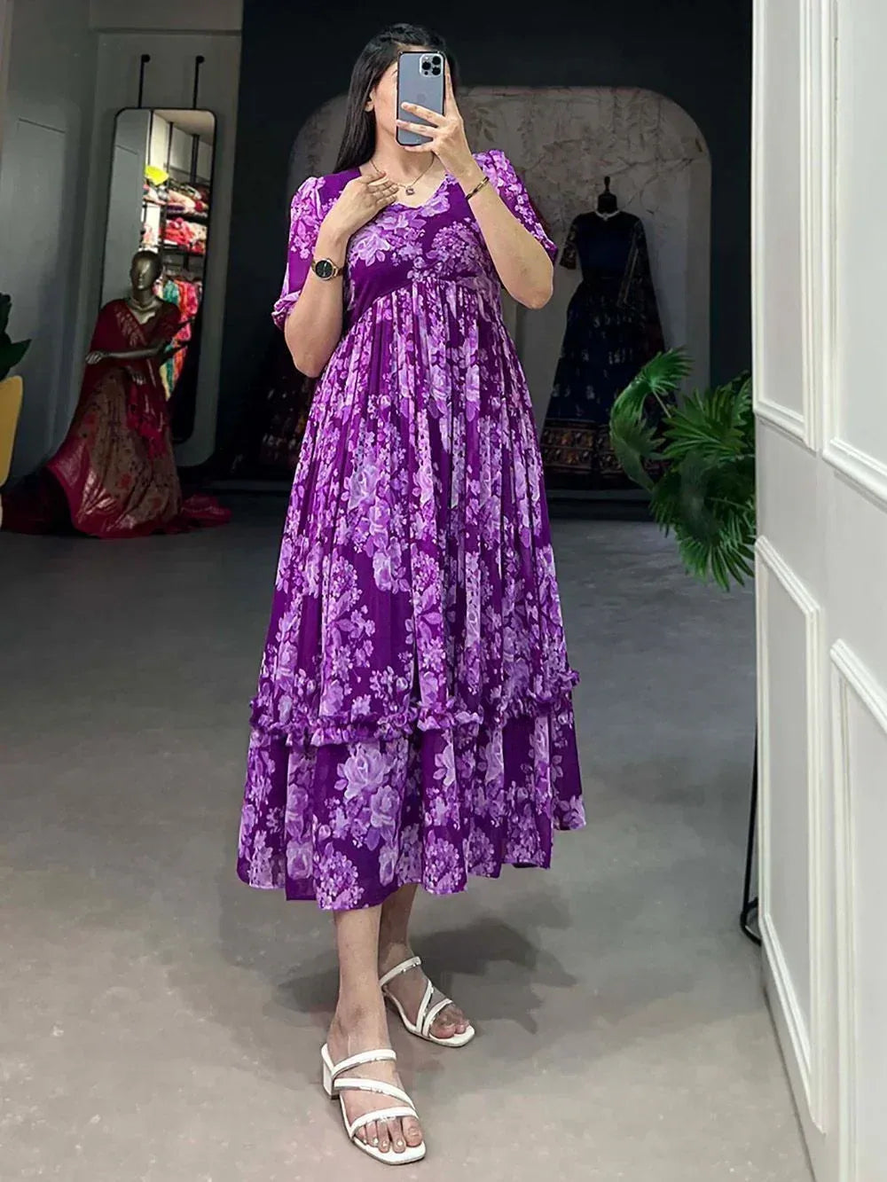 Purple floral ethnic gown with tiered skirt, perfect for Indian occasions and parties