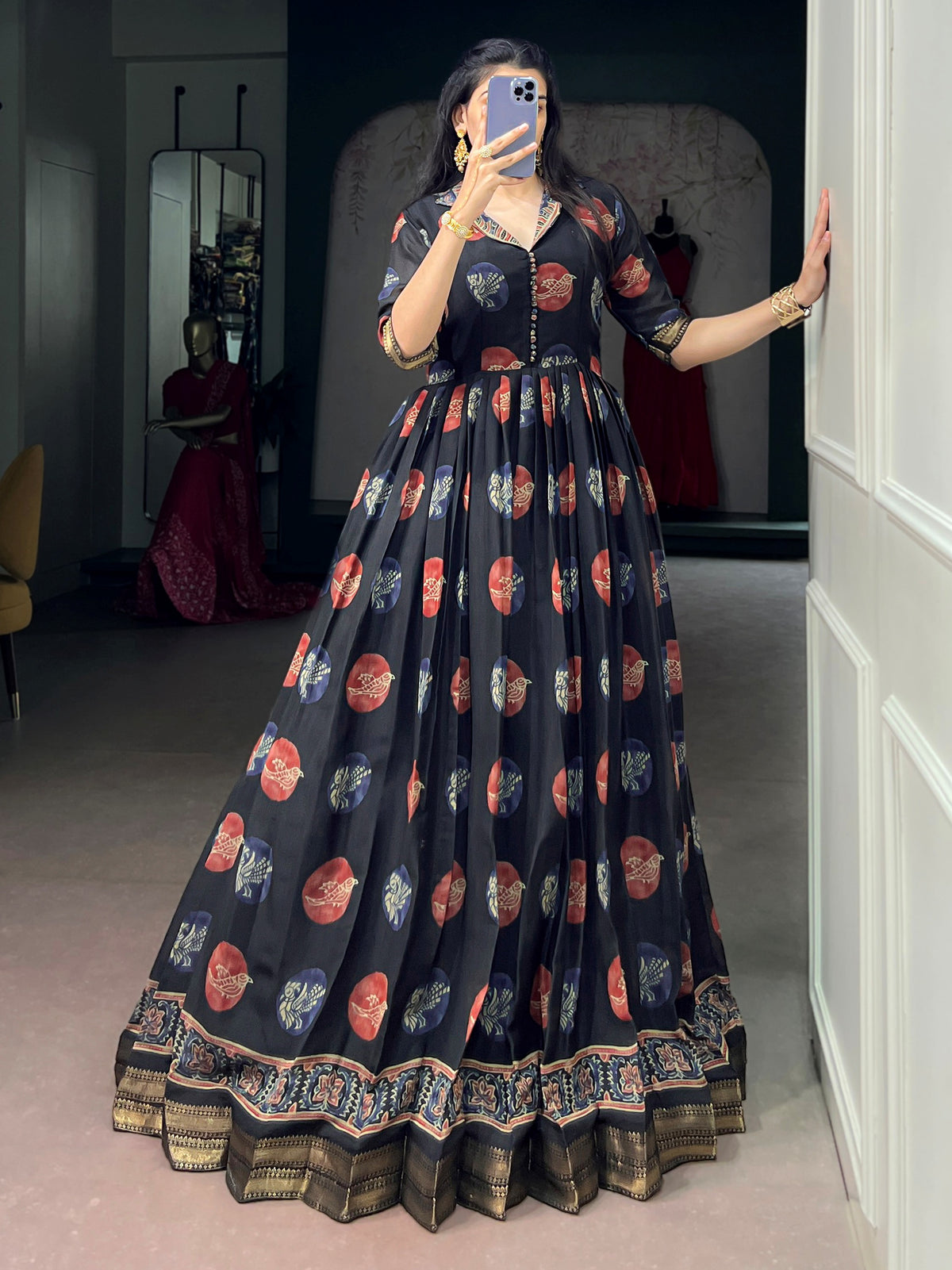 Classy Black Digital Printed Chanderi Event Wear Gown