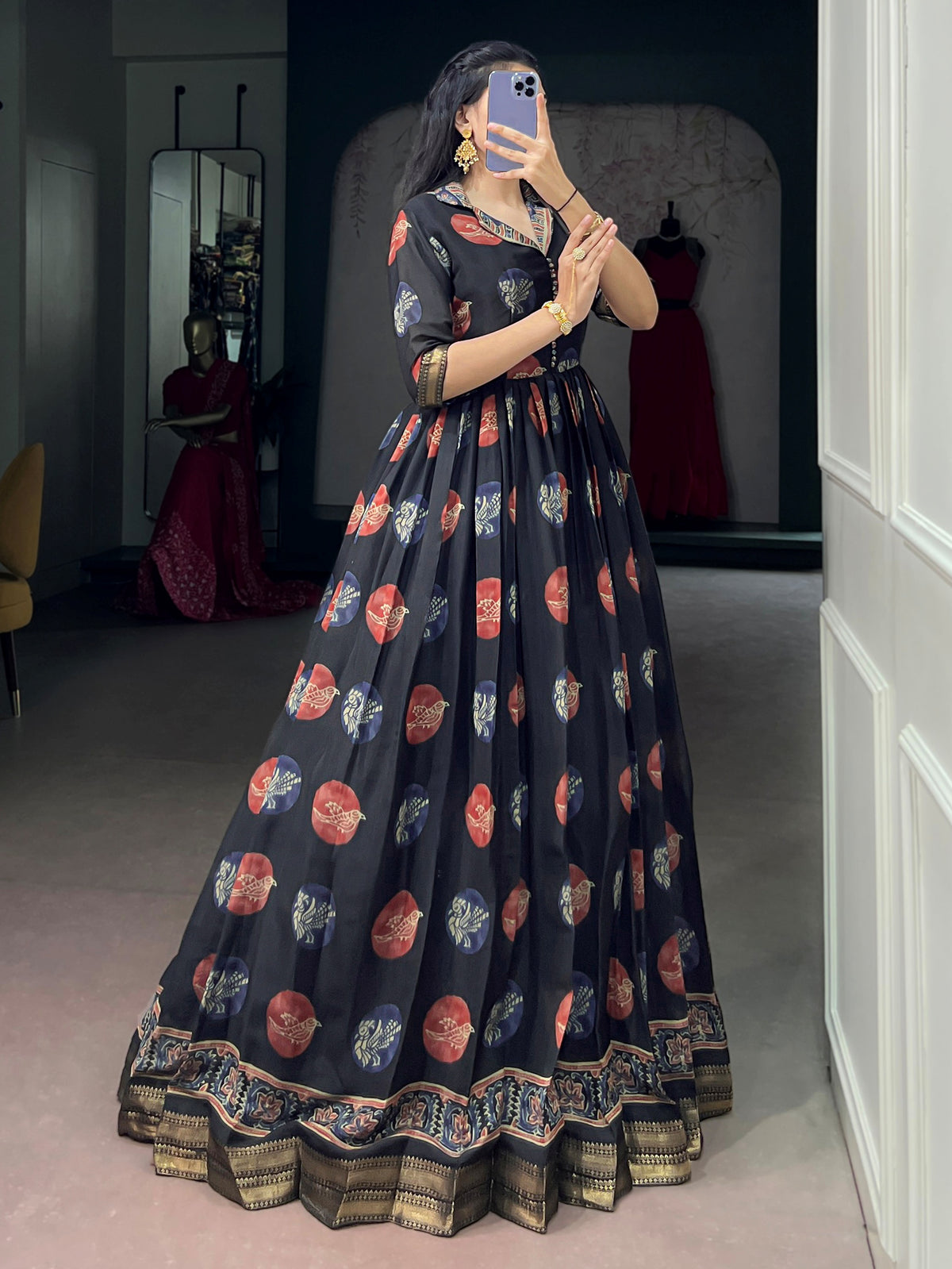 Classy Black Digital Printed Chanderi Event Wear Gown