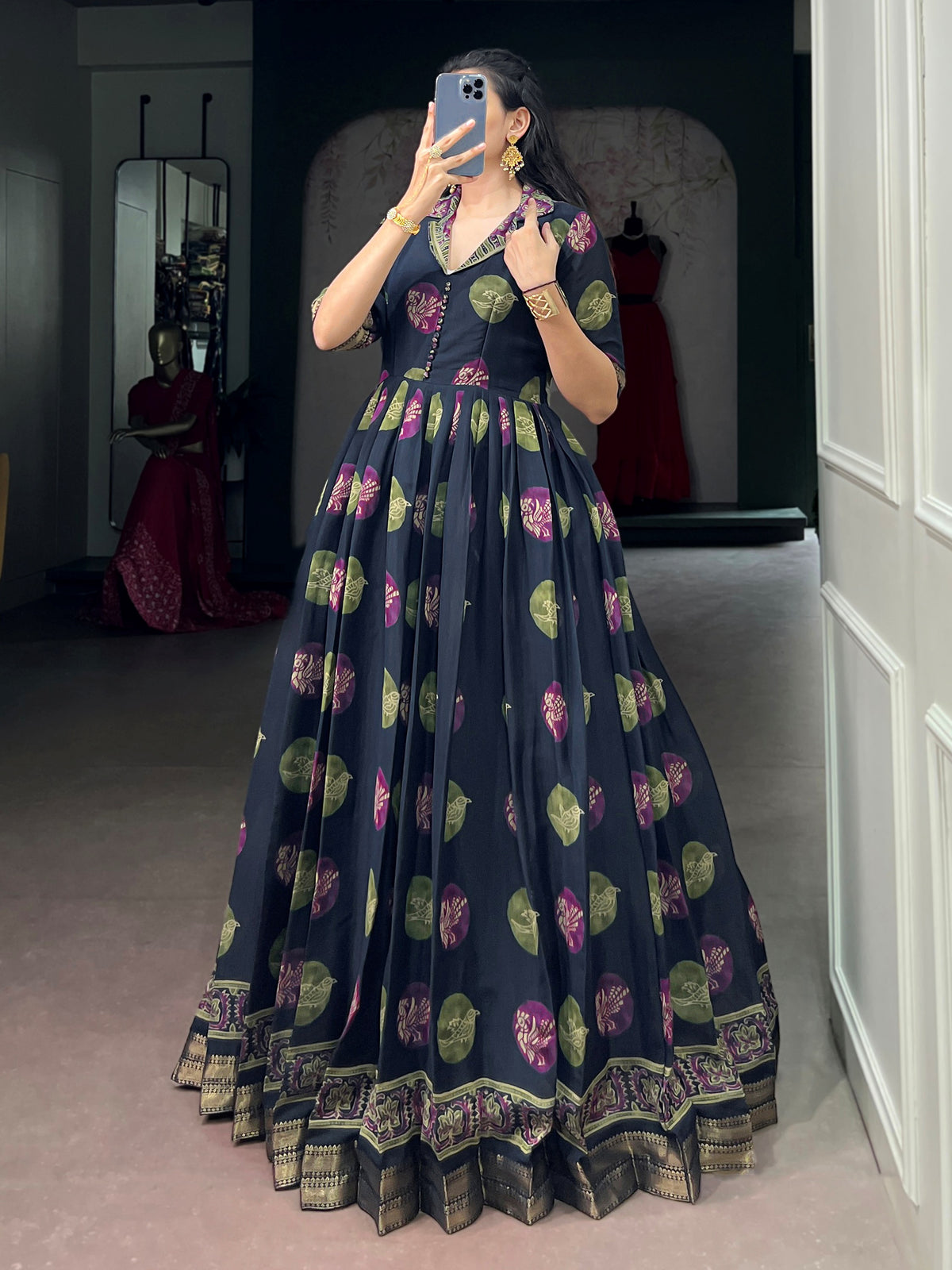 Fantastic Navy Blue Digital Printed Chanderi Festive Wear Gown