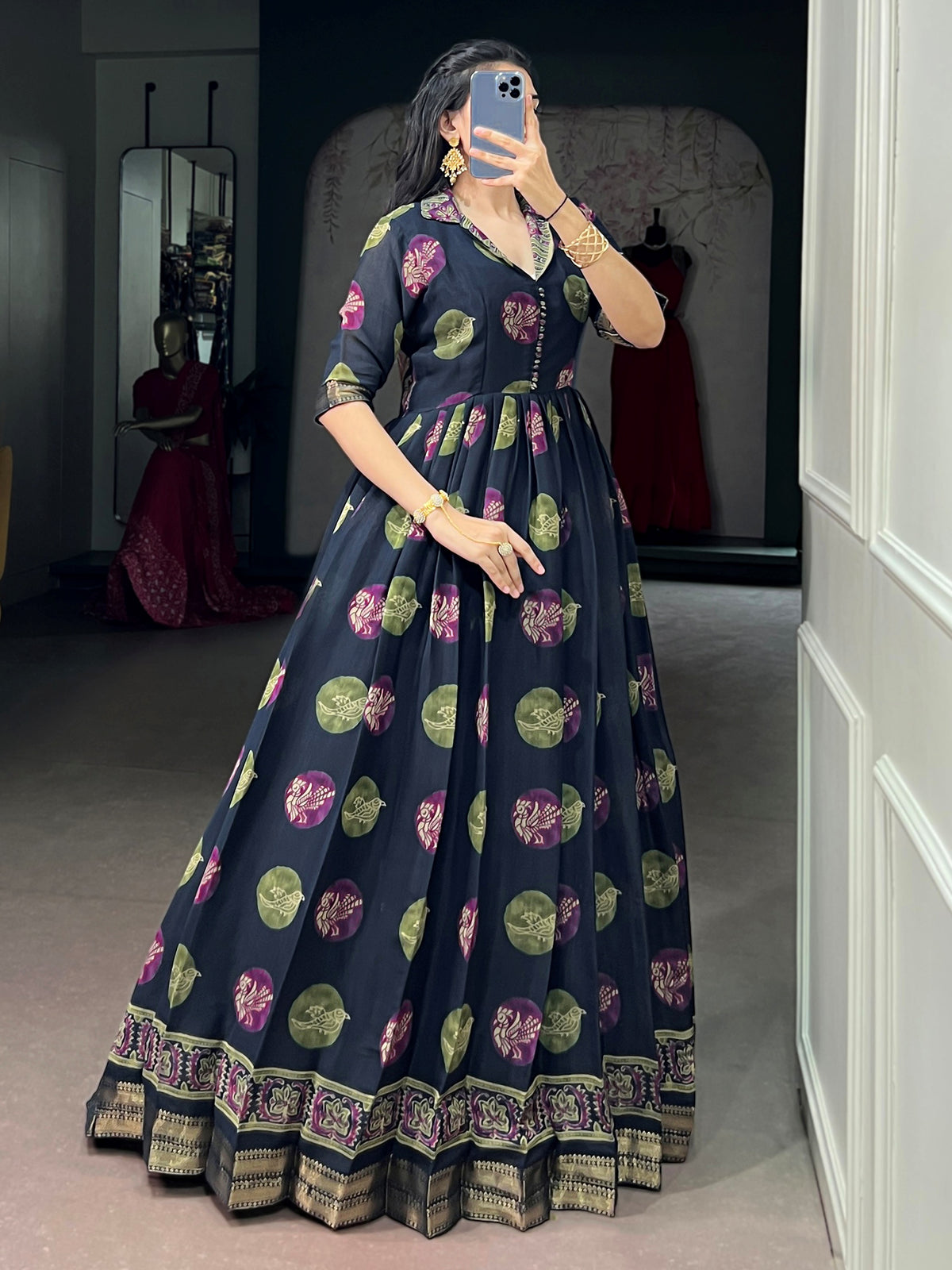 Fantastic Navy Blue Digital Printed Chanderi Festive Wear Gown