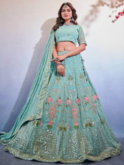 Beauteous Sea-green Embroidered Georgette Marriage Wear Lehenga Choli