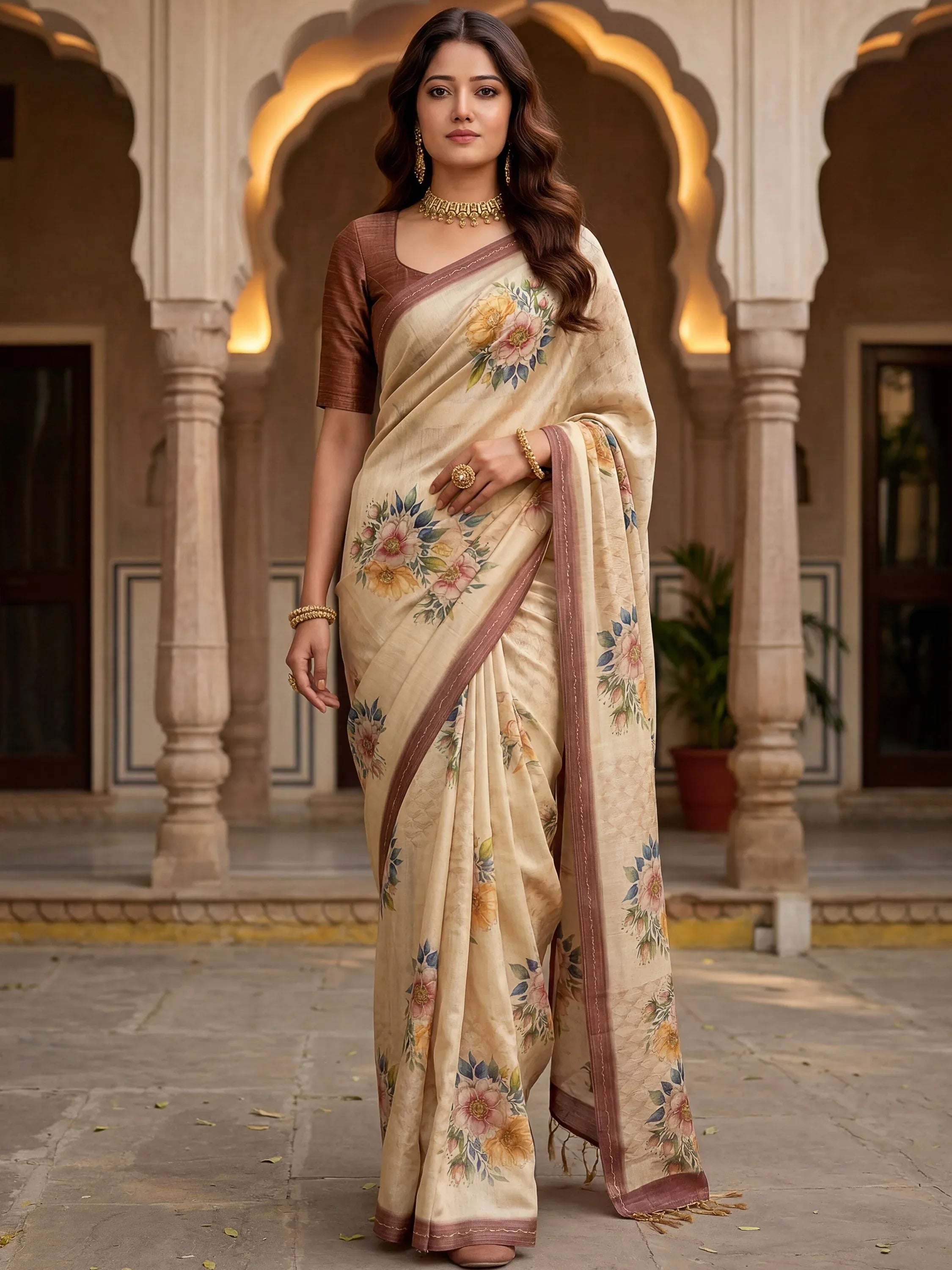 Graceful Cream Floral Printed Silk Wedding Wear Saree With Blouse
