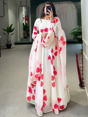 Gorgeous White Floral Printed Silk Gown With Dupatta