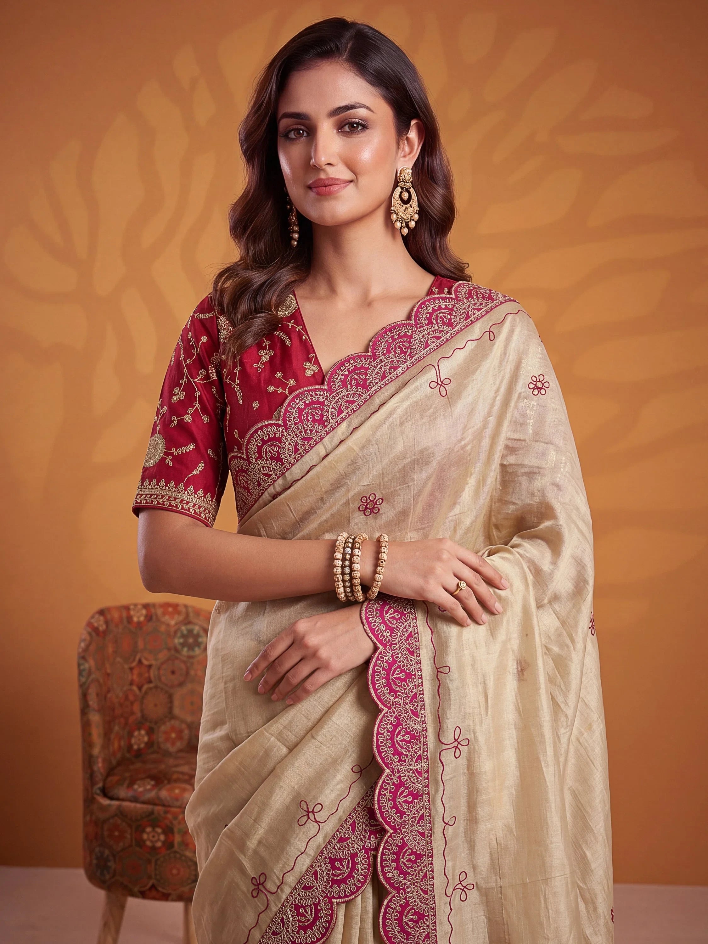 Pretty Pink Embroidered Silk Engagement Wear Saree With Blouse