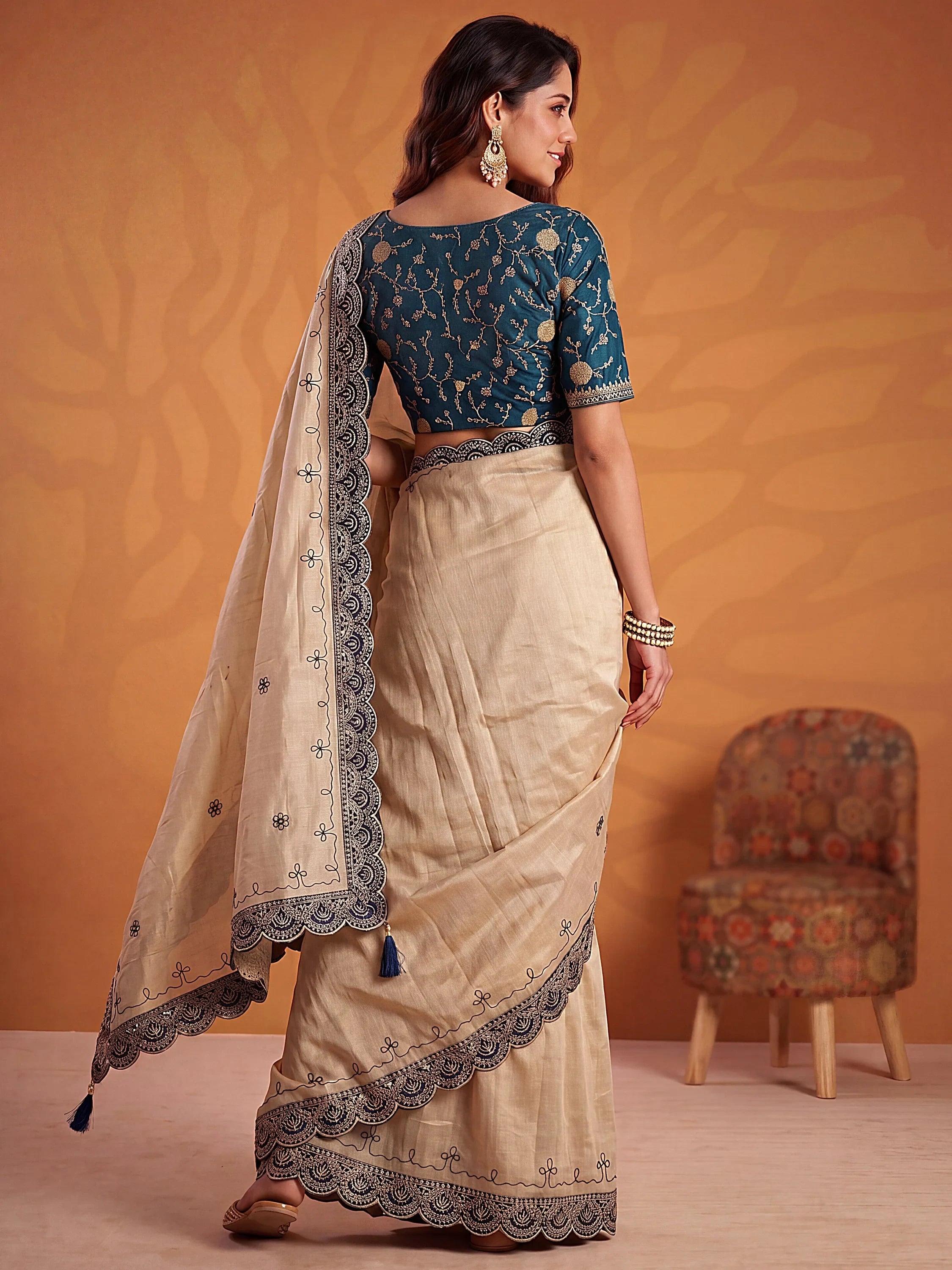 Fascinating Teal Blue Dori Work Silk Evening Wear Saree With Blouse