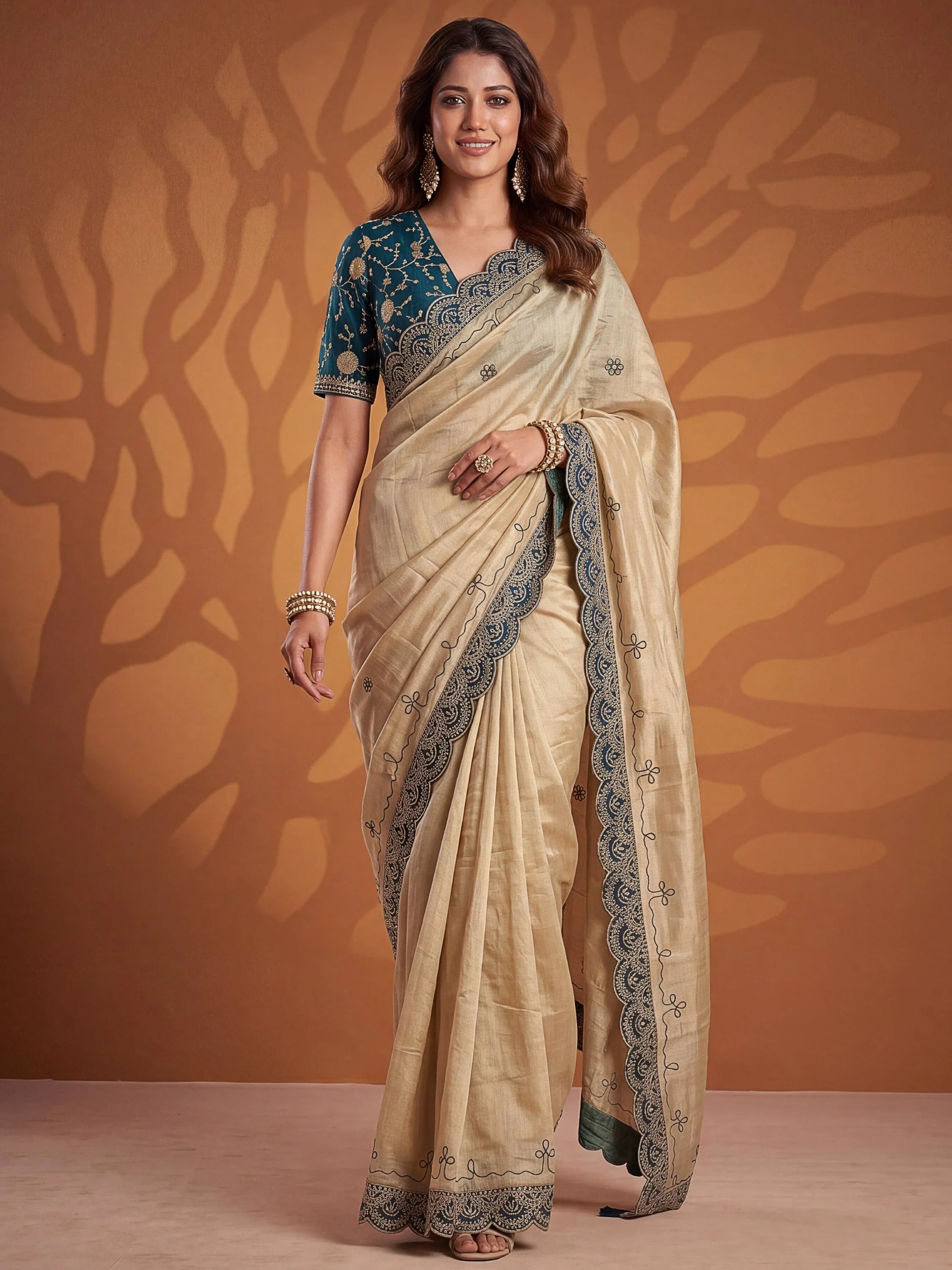 Fascinating Teal Blue Dori Work Silk Evening Wear Saree With Blouse