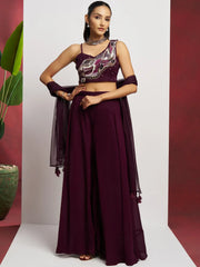 Glamorous Wine Khatli Work Georgette Party Wear Crop Top With Palazzo