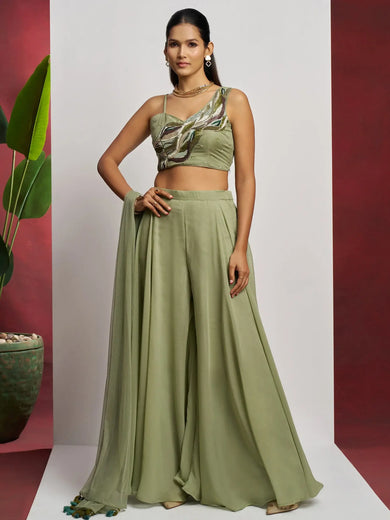 Incredible Pista Green Khatli Work Georgette Crop Top Palazzo With Dupatta