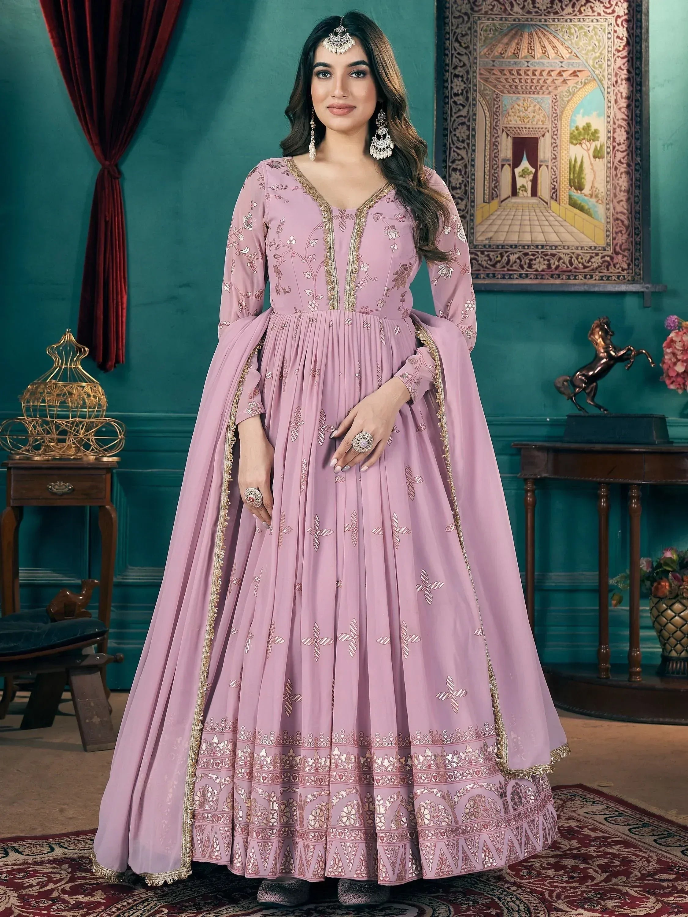 Pink embroidered anarkali suit with gold detailing, perfect for Indian ethnic occasions and weddings