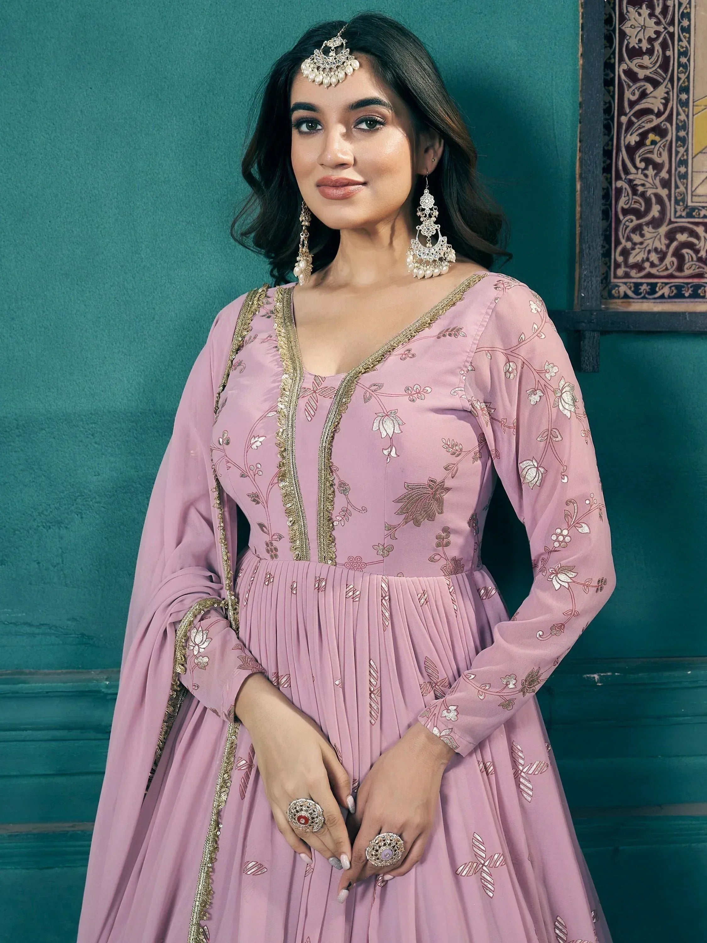 Pink floral embroidered anarkali suit with gold detailing, perfect for Indian ethnic wear occasions.