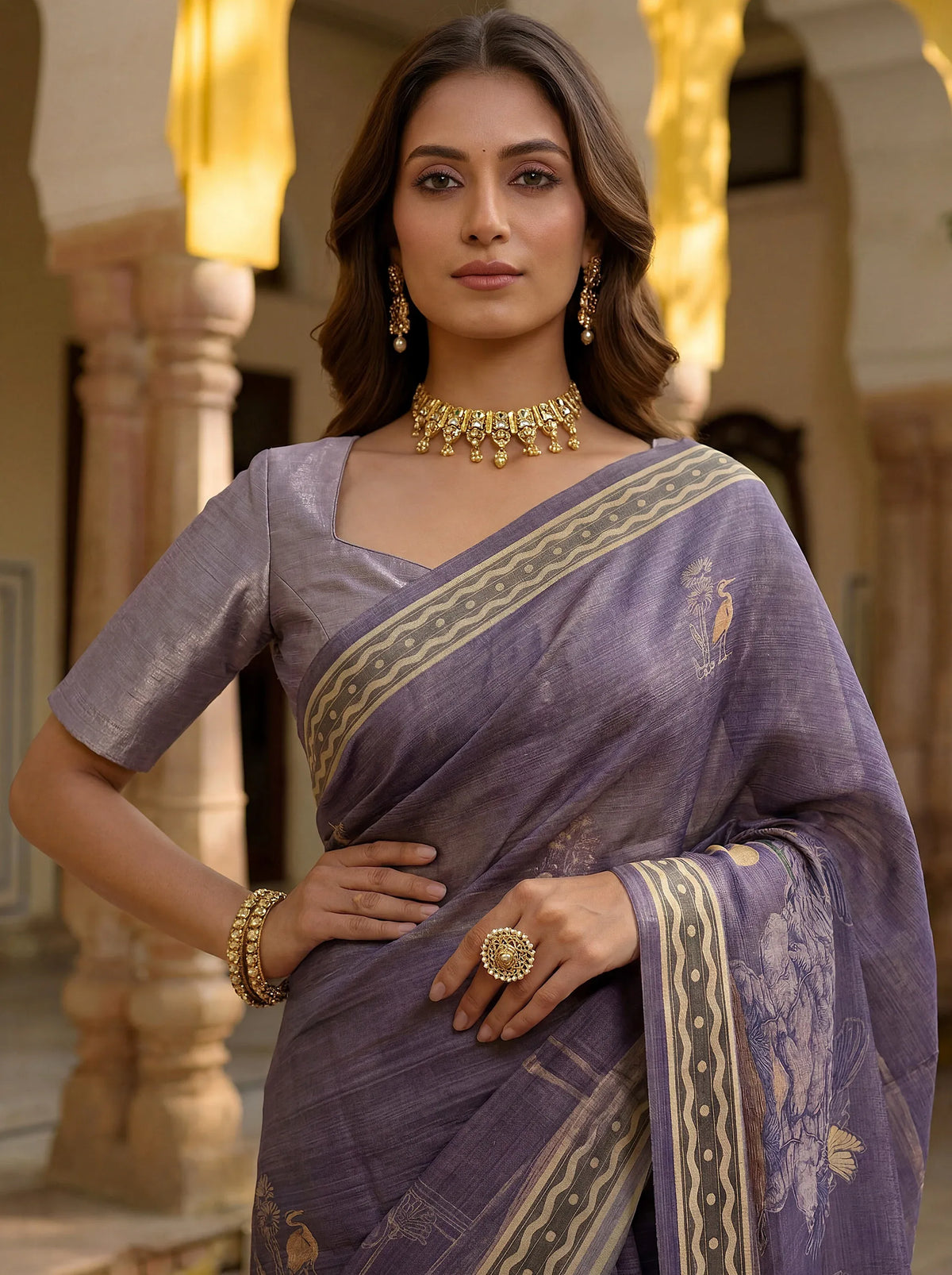 Woman wearing a purple linen saree with gold borders and traditional gold jewelry