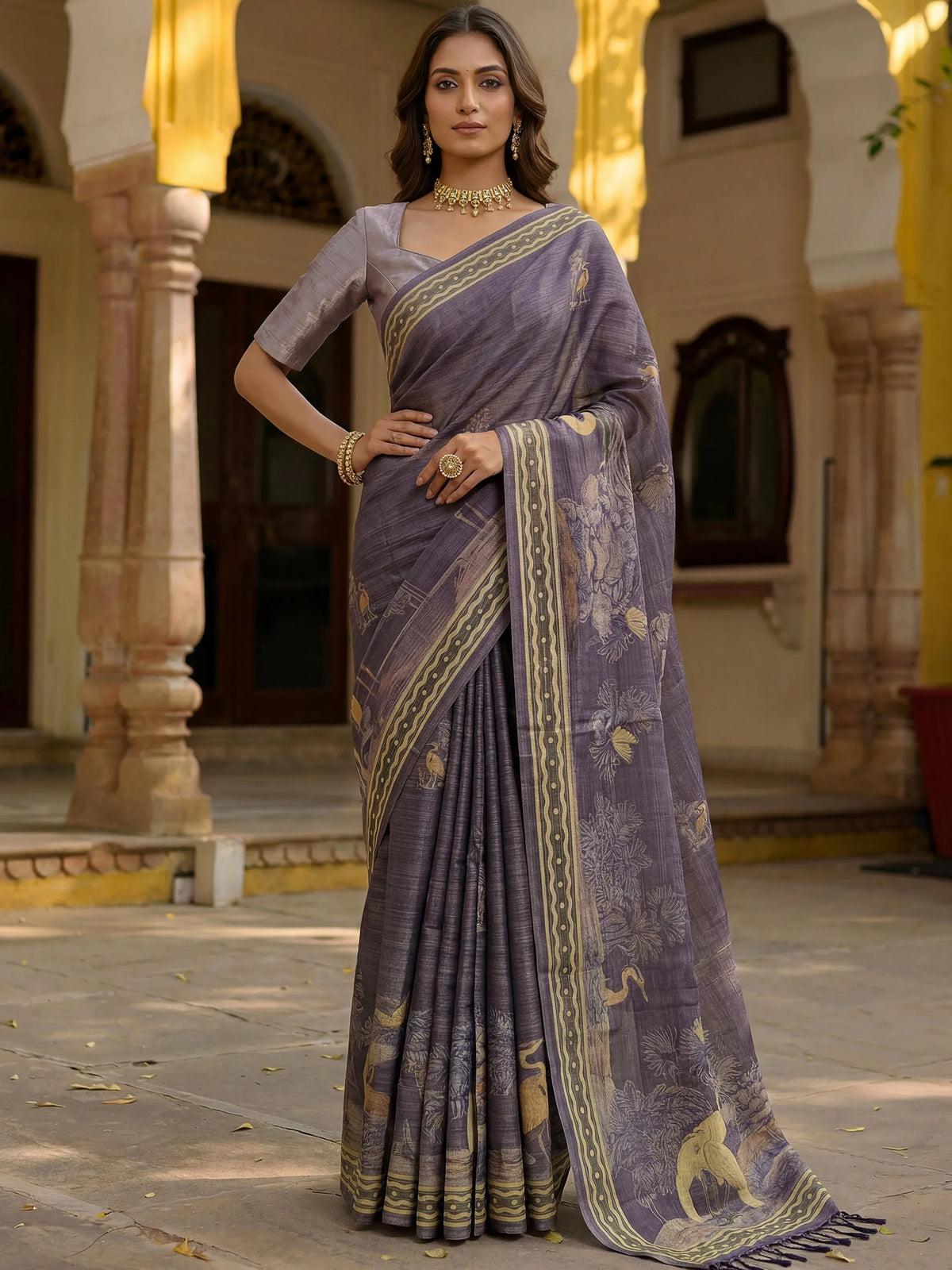 Woman wearing a grey designer saree with golden borders and ethnic prints