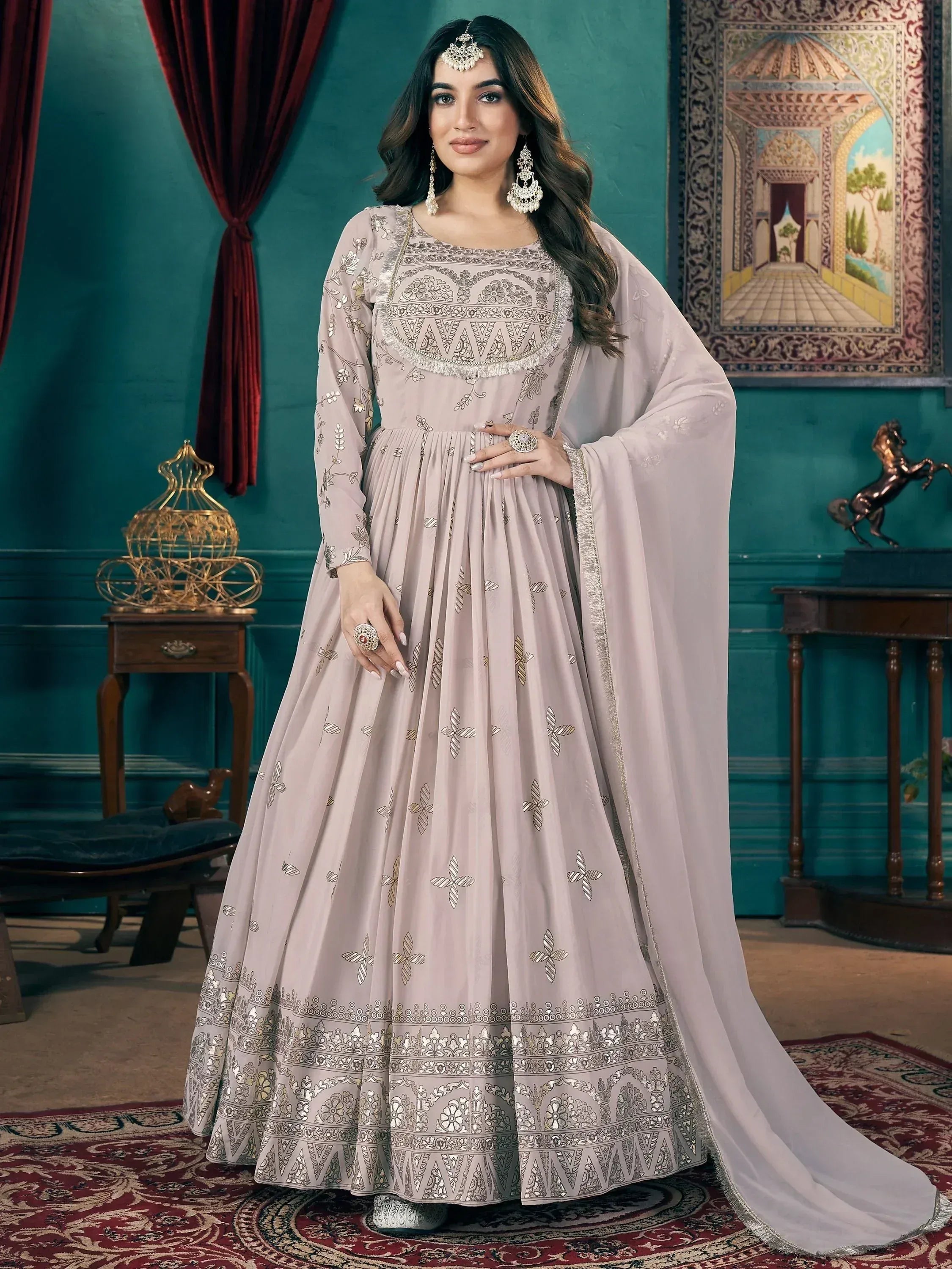 Elegant mauve anarkali suit with silver embroidery, perfect for Indian ethnic wear occasions