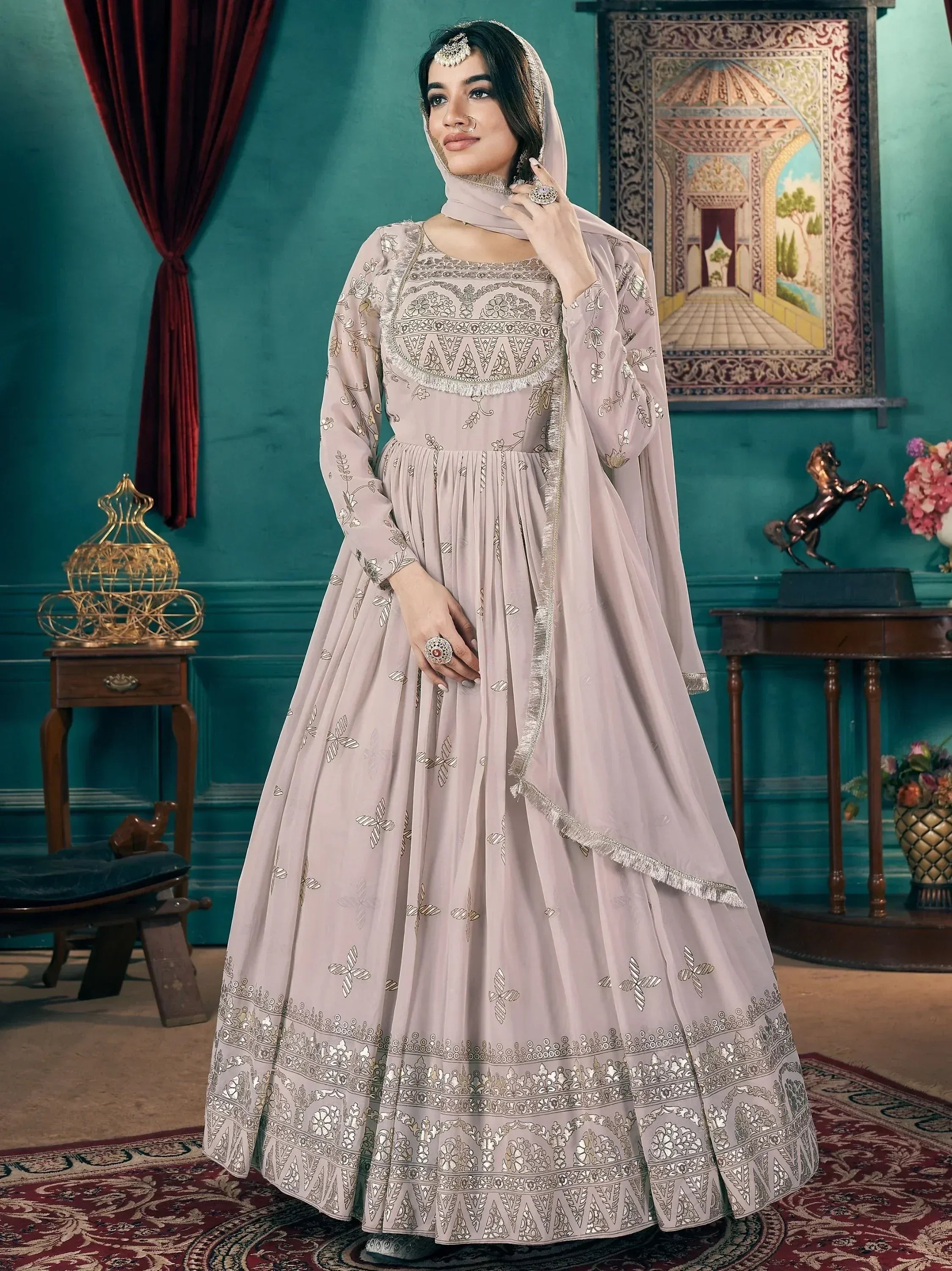 Elegant beige embroidered anarkali suit with dupatta, perfect for Indian ethnic occasions and festive wear.