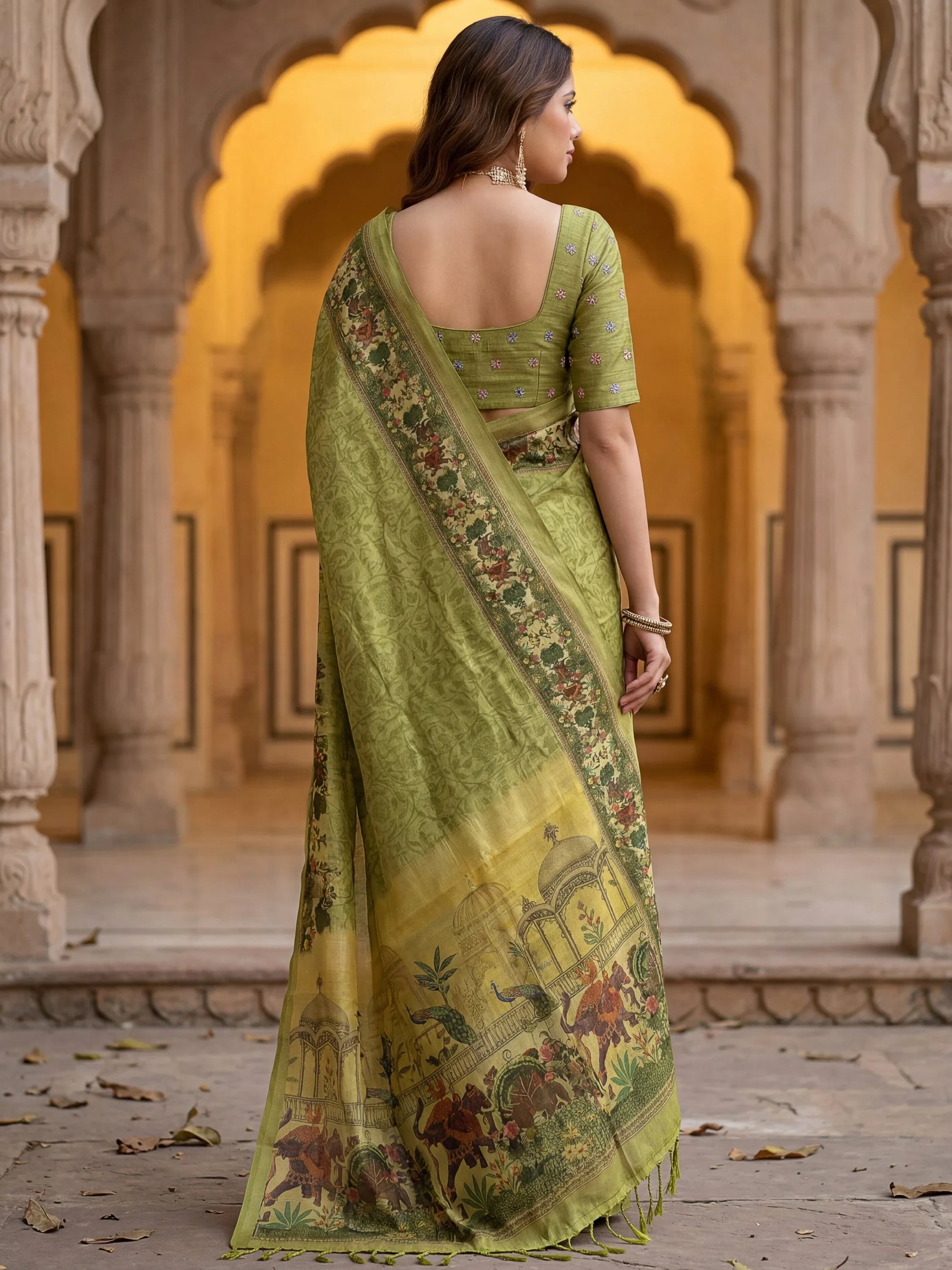Splendid Olive Green Digital Printed Silk Mehendi Wear Saree With Blouse