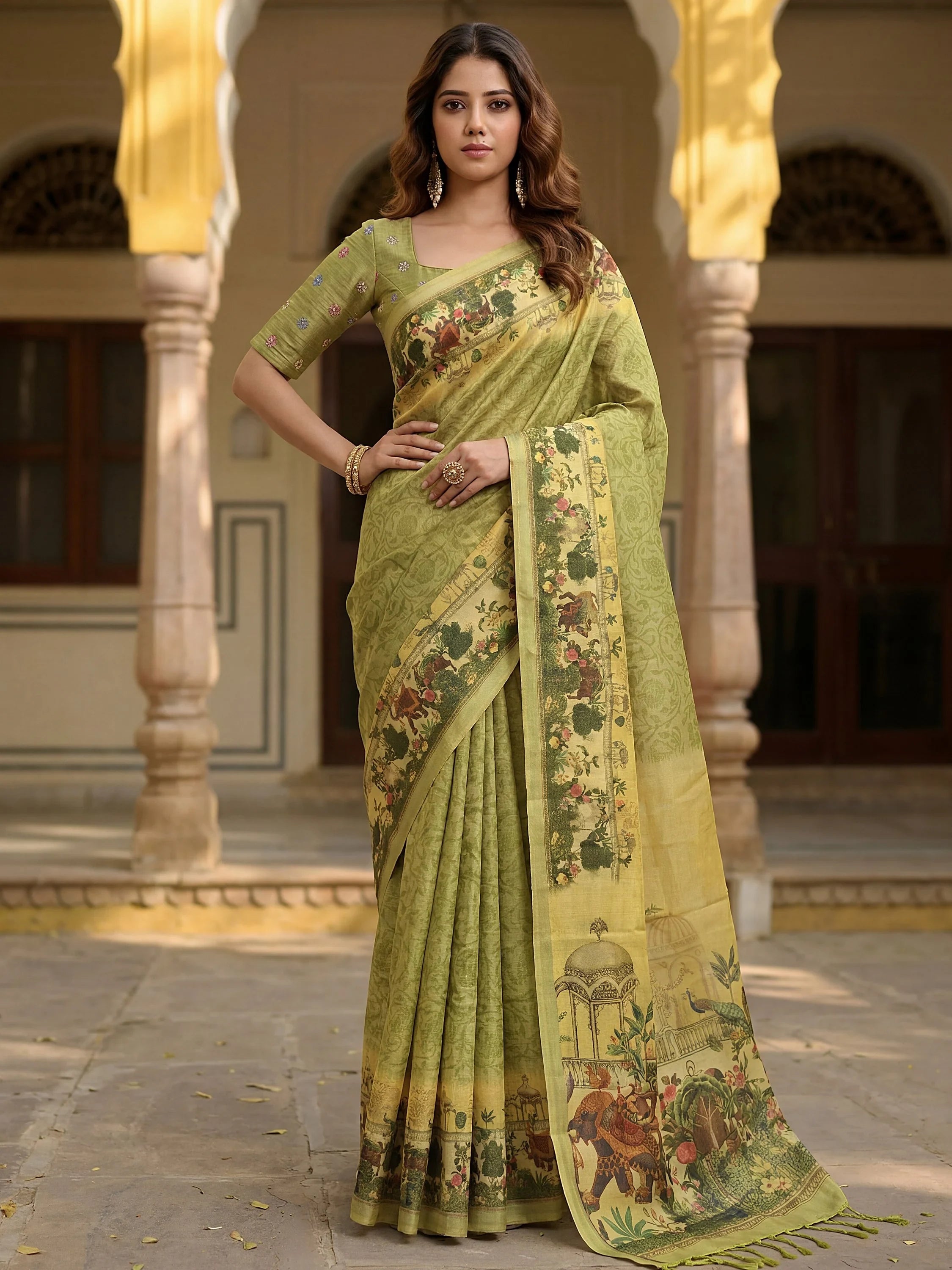 Splendid Olive Green Digital Printed Silk Mehendi Wear Saree With Blouse