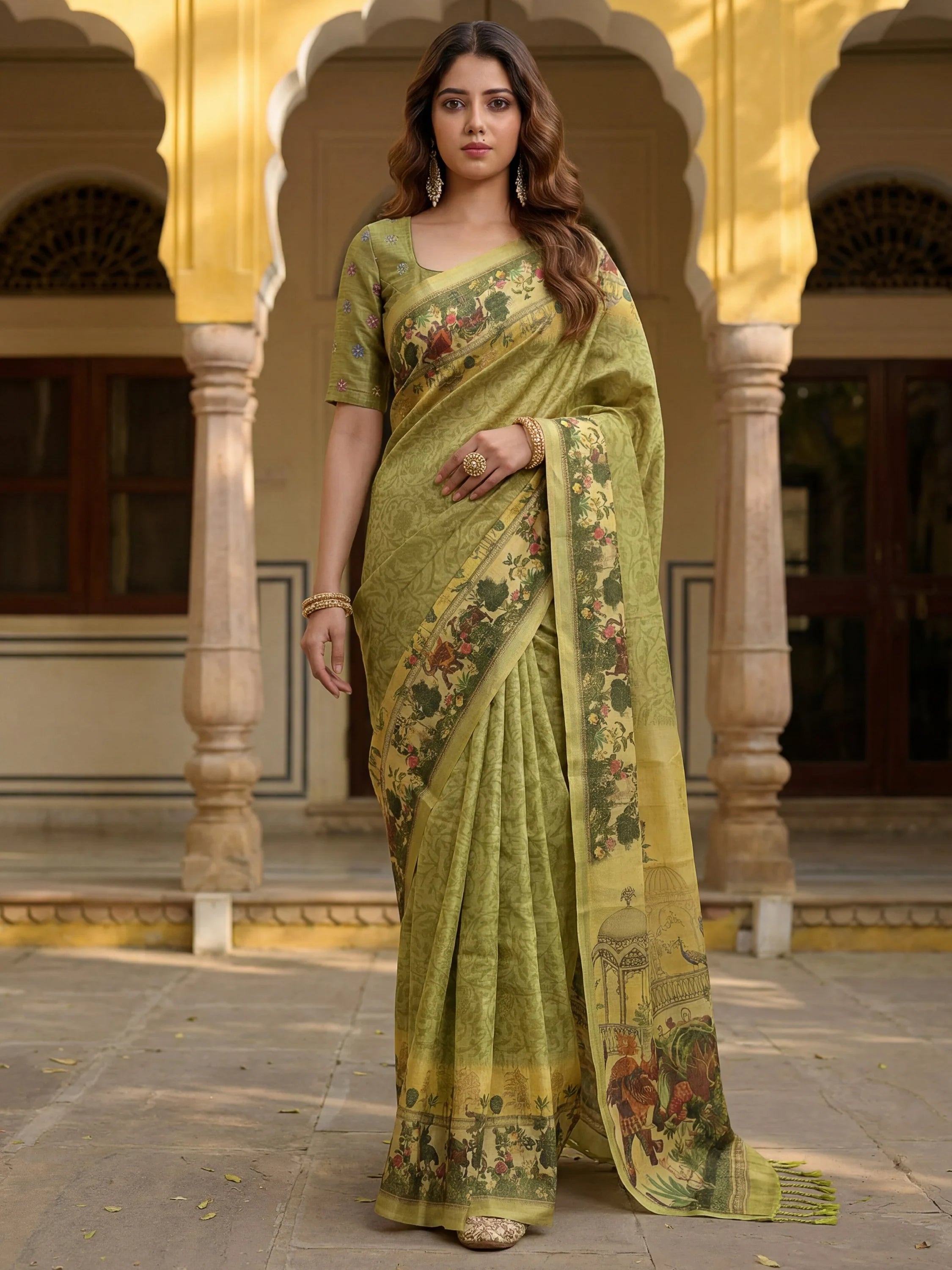 Splendid Olive Green Digital Printed Silk Mehendi Wear Saree With Blouse