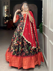 Pretty Multi Color Printed Chanderi Festival Wear Gown With Dupatta