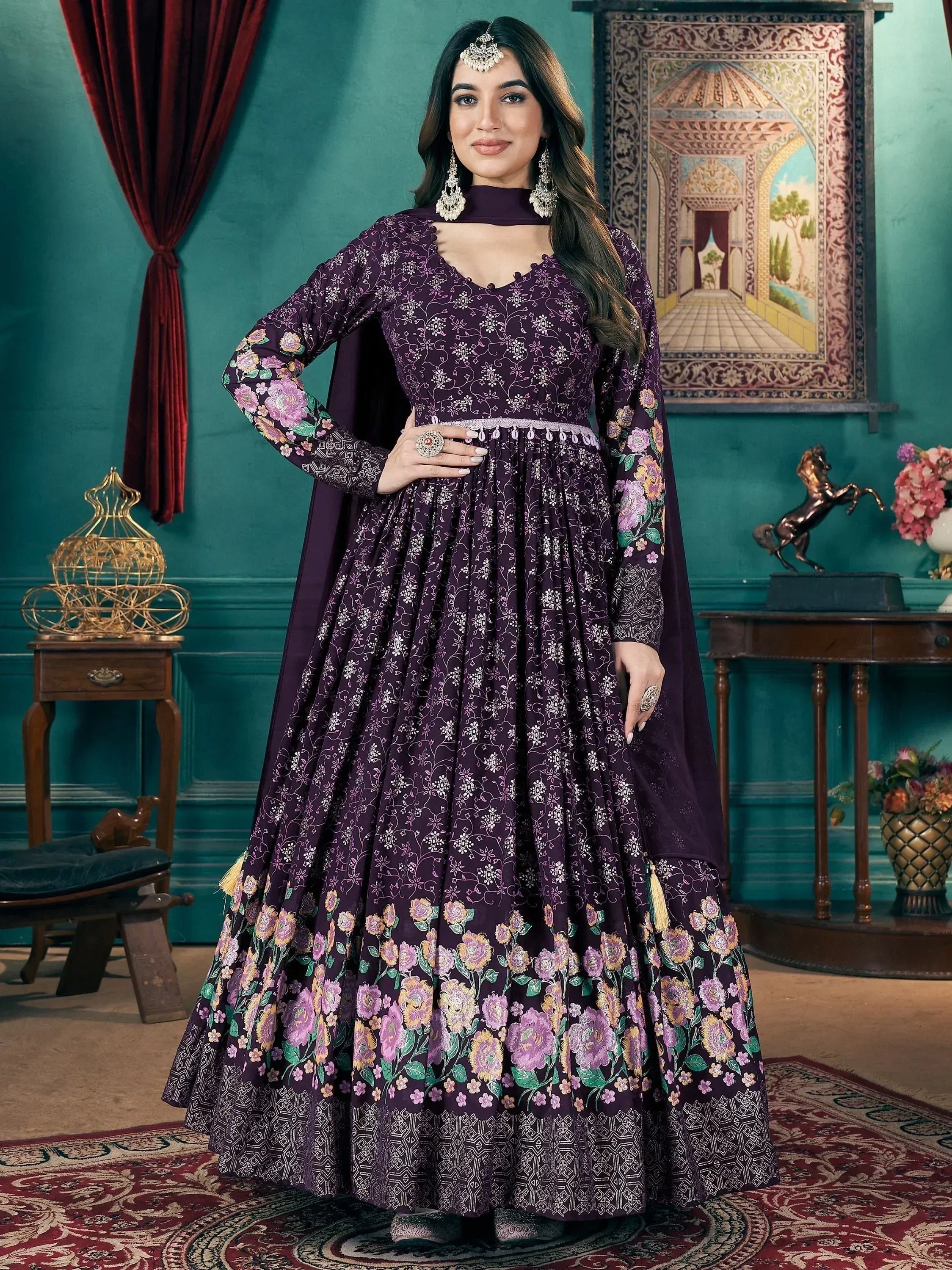 Purple floral printed anarkali gown with cape, perfect for Indian ethnic occasions