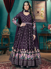 Enchanting Purple Foil Printed Georgette Bridesmaid Gown With Belt