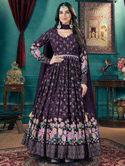 Enchanting Purple Foil Printed Georgette Bridesmaid Gown With Belt