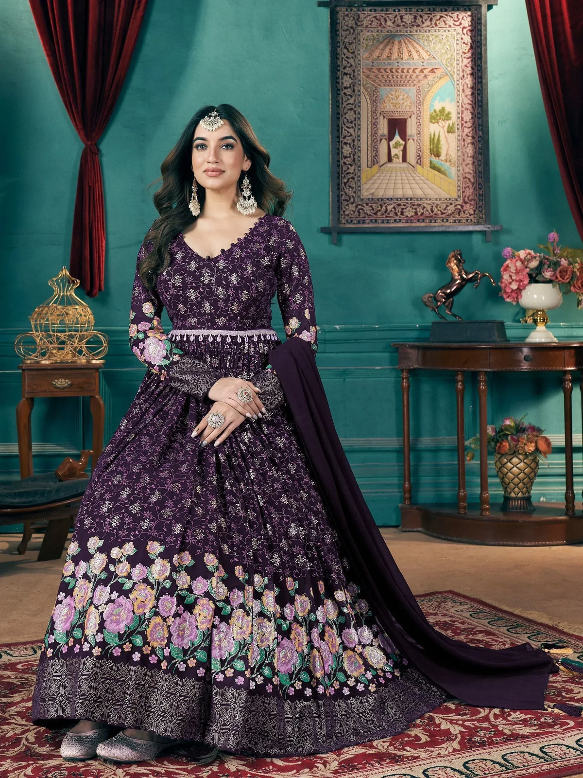 Elegant purple floral anarkali gown with embroidery, perfect for Indian ethnic occasions and weddings.