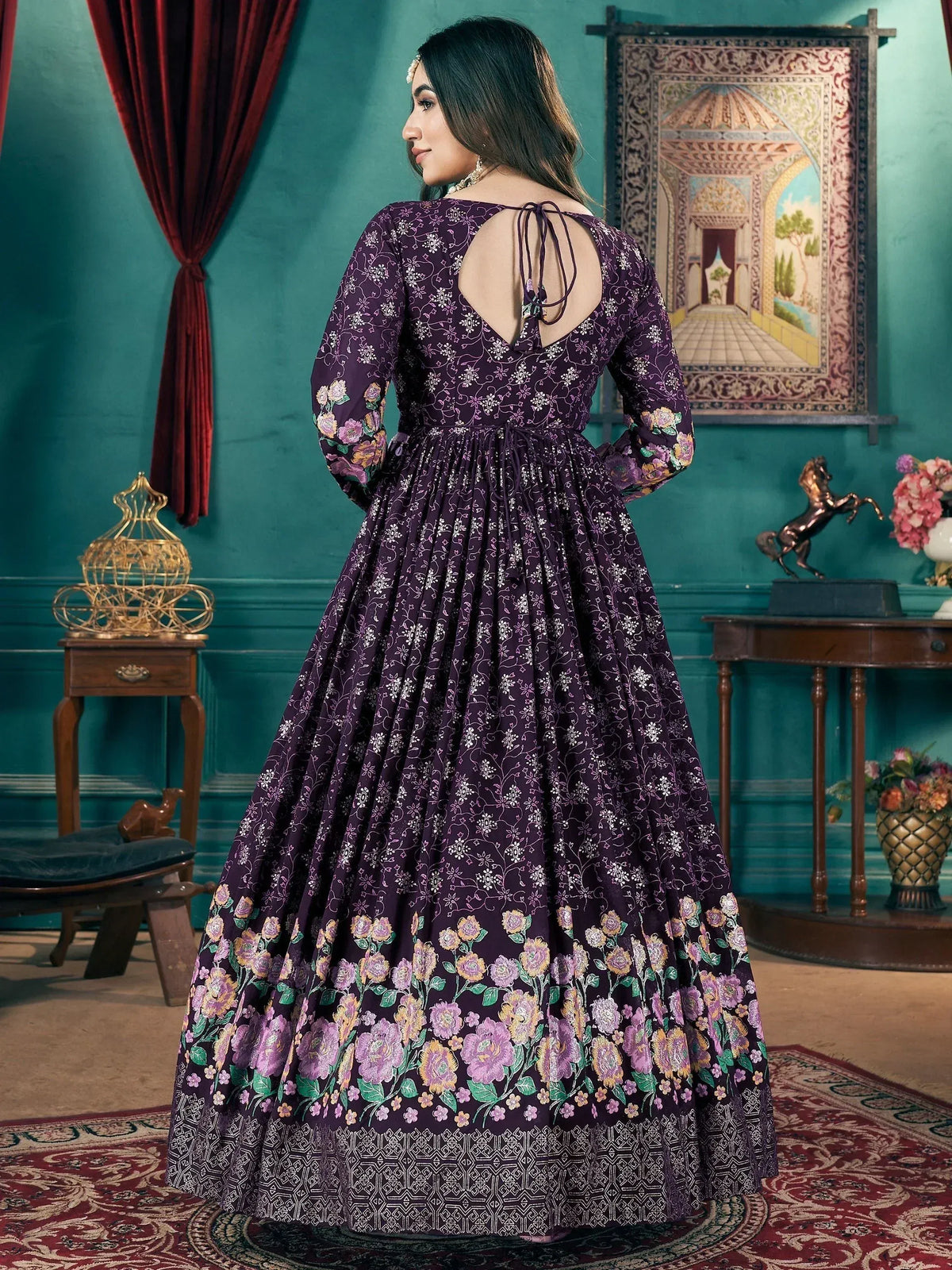 Purple floral ethnic gown with back tie detail, perfect for Indian occasions and festive wear.