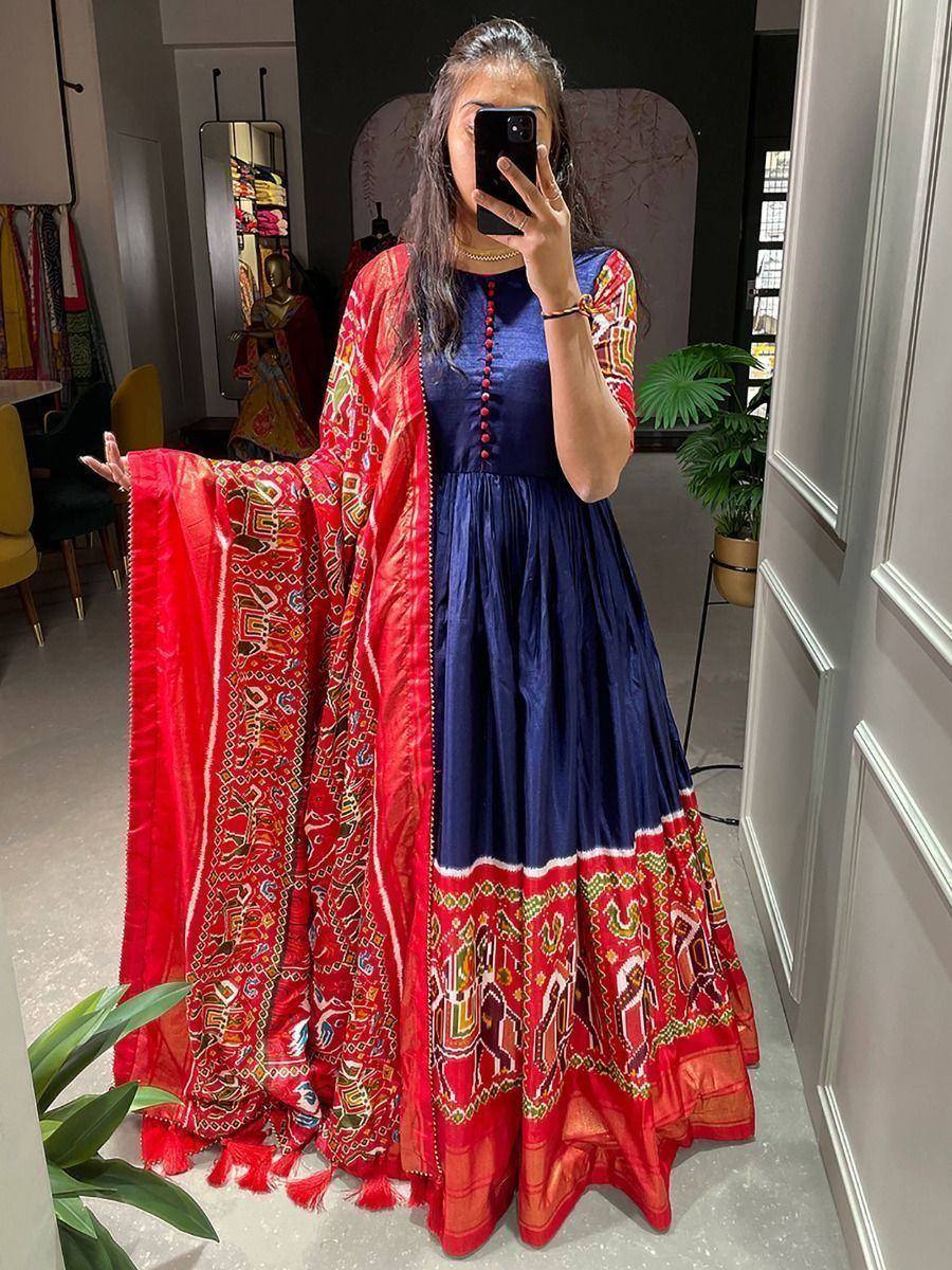 Blue and red ethnic gown with printed dupatta, perfect for Indian occasions and festive wear