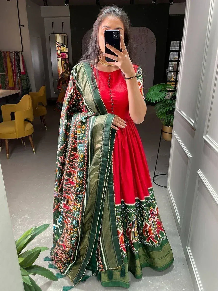 Red and green ethnic anarkali with printed dupatta, perfect for Indian festivals and weddings