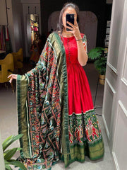 Majestic Crimson Red Patola Print Dola Silk Party Wear Gown
