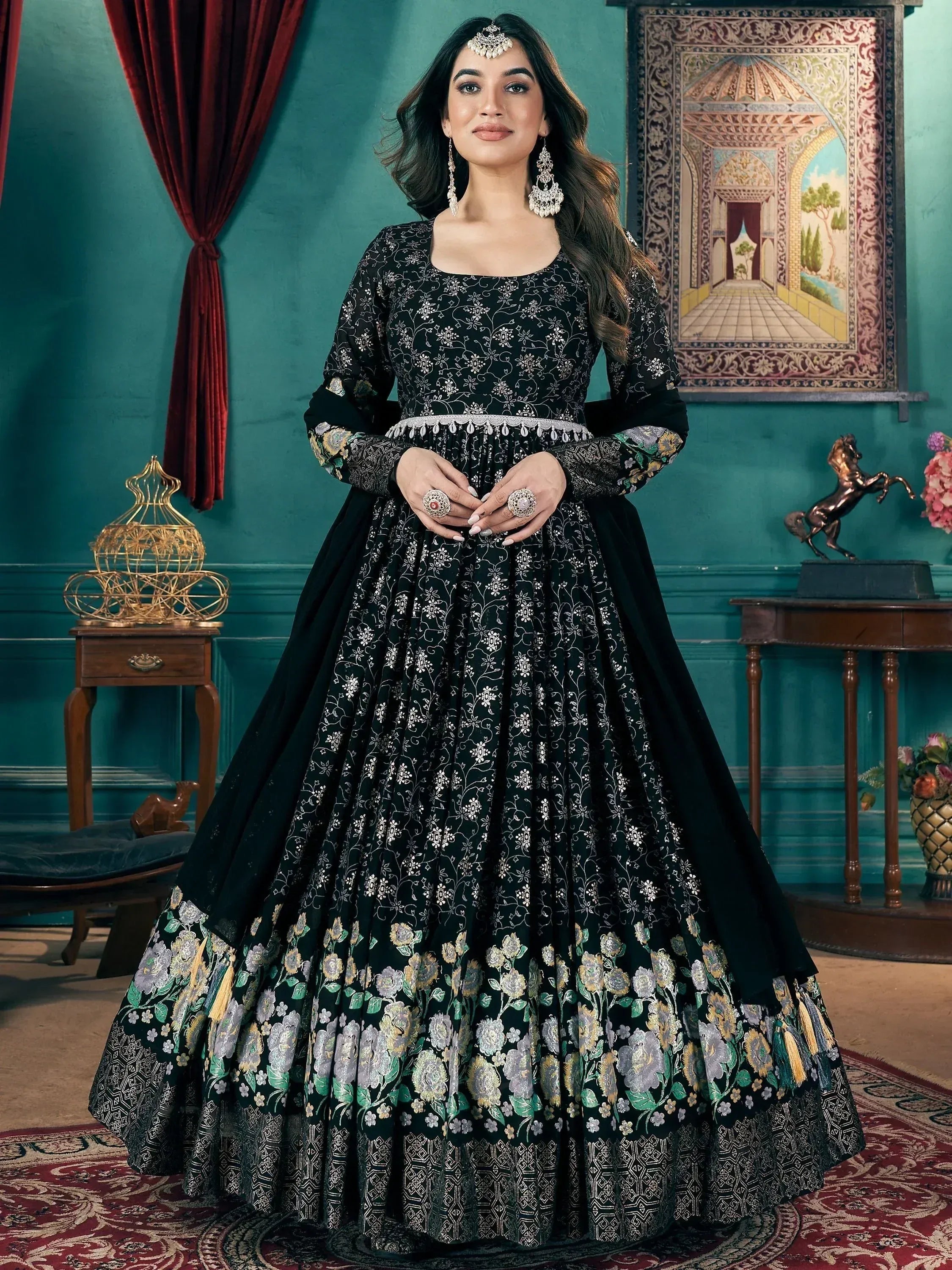 Black floral embroidered anarkali gown with silver detailing, perfect for Indian ethnic wear occasions